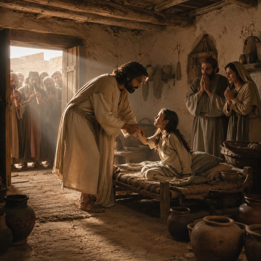 Jesus levanta uma menina em uma casa judaica Cena bíblica em uma casa judaica do primeiro século, com paredes simples de pedra, teto baixo e luz entrando pela porta aberta. Jesus está no interior do ambiente, vestido com túnica clara e manto sobre os ombros, inclinando-se com ternura para tomar pela mão uma menina recém-levantada de uma cama baixa. A criança, com roupas simples e expressão de surpresa e vida, começa a se erguer. Ao fundo, os pais observam com lágrimas e espanto, enquanto alguns tocadores de flauta e moradores aparecem do lado de fora, em silêncio reverente. O ambiente é modesto, com jarros de barro e utensílios domésticos, transmitindo solemnidade, compaixão e o poder sereno de Cristo.