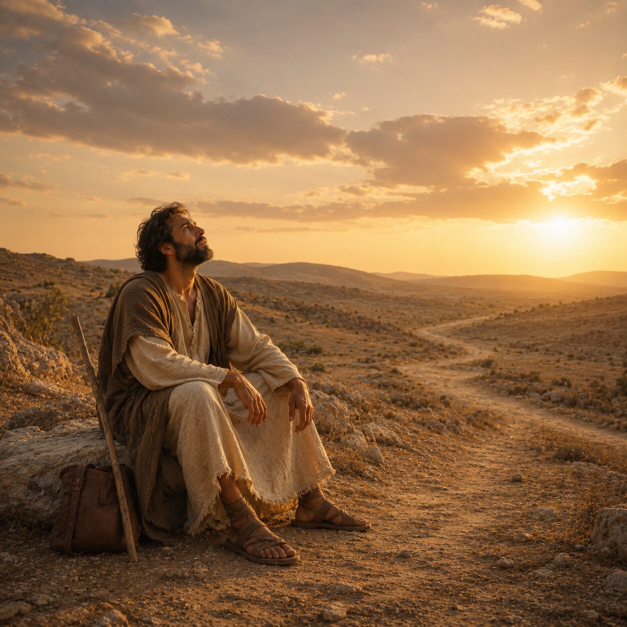 Homem israelita em oração no deserto Um homem israelita cansado está sentado sobre uma pedra em uma estrada poeirenta, com vestes simples de linho em tons terrosos e o rosto marcado pelo desgaste, enquanto levanta os olhos para o céu em atitude de esperança. Ao fundo, aparece uma paisagem do deserto com colinas secas e o sol suave do fim da tarde, iluminando nuvens douradas. Ao lado dele há uma pequena bolsa de viagem e um cajado de madeira apoiado no chão, simbolizando a jornada. A cena transmite quietude, confiança e renovação espiritual, com forte atmosfera bíblica e histórica.