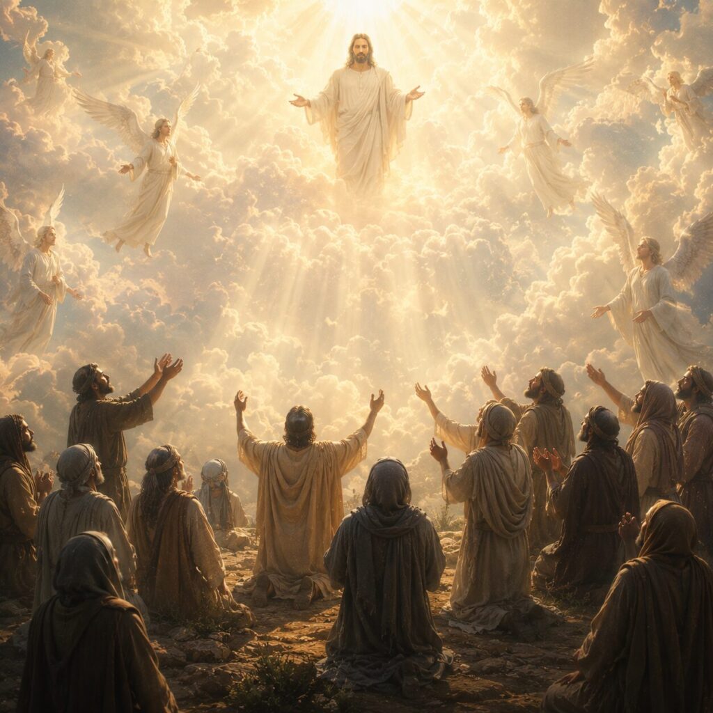 Cena celestial e solene representando a realidade espiritual de Efésios 1: um fundo luminoso nas regiões celestiais, com Cristo em destaque ao centro, em postura gloriosa e serena, enquanto raios de luz alcançam homens e mulheres vestidos com túnicas simples do primeiro século, simbolizando a adoção e o selo do Espírito. Ao redor, um ambiente de adoração com anjos reverentes e brilho dourado suave, transmitindo bênção, redenção e propósito eterno, sem elementos modernos, em estilo bíblico histórico e reverente.
