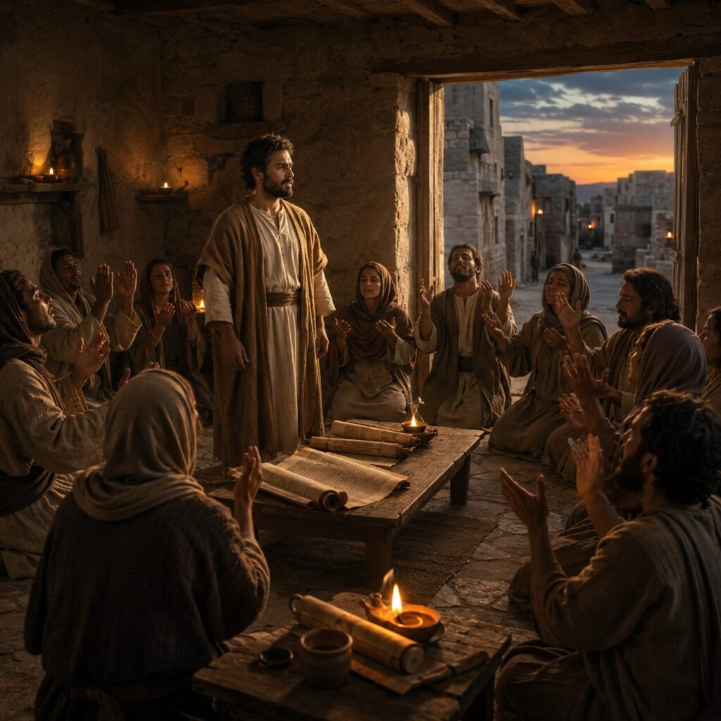 Cristãos em oração numa casa antiga Cena bíblica em estilo do primeiro século mostrando um grupo de cristãos reunidos em uma casa simples de pedra, com lamparinas acesas e rolos das Escrituras sobre uma mesa baixa. No centro, um homem judeu de túnica longa e manto observa com expressão séria e encorajadora, enquanto outros irmãos e irmãs, vestidos com roupas modestas de linho e lã, permanecem em oração com as mãos erguidas e rostos reverentes. Pela abertura da casa, vê-se uma rua estreita de uma cidade antiga, com paredes de pedra e céu ao entardecer, transmitindo vigilância, esperança e devoção em meio à perseguição e aos falsos ensinos.