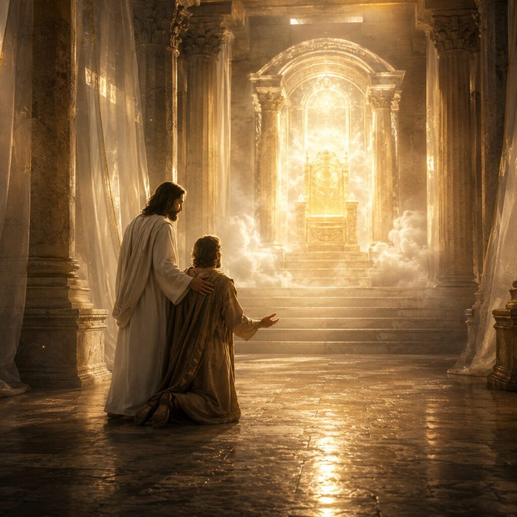 Uma cena reverente no interior de um santuário antigo, com um grande trono luminoso ao fundo representando a presença de Deus, cercado por luz suave e nuvens discretas. Em primeiro plano, um homem vestido com túnica simples e manto gasto se aproxima com humildade e esperança, com as mãos abertas em oração. Ao lado dele, uma figura de Cristo com vestes brancas e expressão serena, de pé entre o homem e o trono, transmite acolhimento e intercessão. O ambiente mistura elementos do templo com uma atmosfera celestial, como colunas de pedra, cortinas delicadas e brilho dourado, simbolizando o acesso à graça e a segurança encontrada em Jesus.