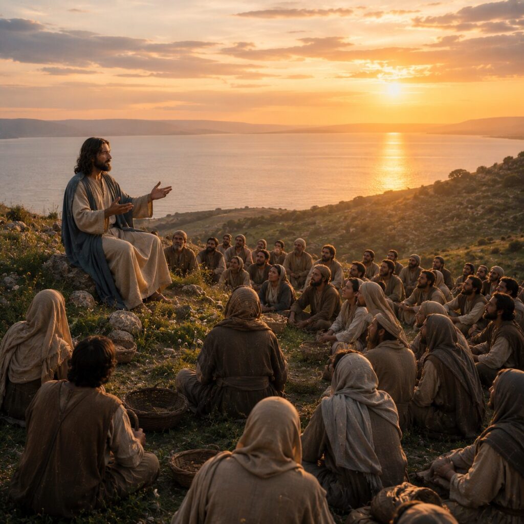 Jesus fala à multidão no monte ao entardecer Jesus está em um monte verde ao entardecer, vestindo uma túnica clara e um manto azul suave, com expressão serena e acolhedora, enquanto fala a uma multidão sentada ao redor dele. Algumas pessoas usam roupas simples de tons terrosos, com semblantes cansados e atentos, simbolizando a fome espiritual e a esperança que encontram em suas palavras. Ao fundo, aparece o mar calmo e o céu dourado com nuvens leves, além de algumas pedras e cestos vazios perto da multidão, sugerindo a multiplicação dos pães e a transição do alimento material para a mensagem do Pão da Vida.