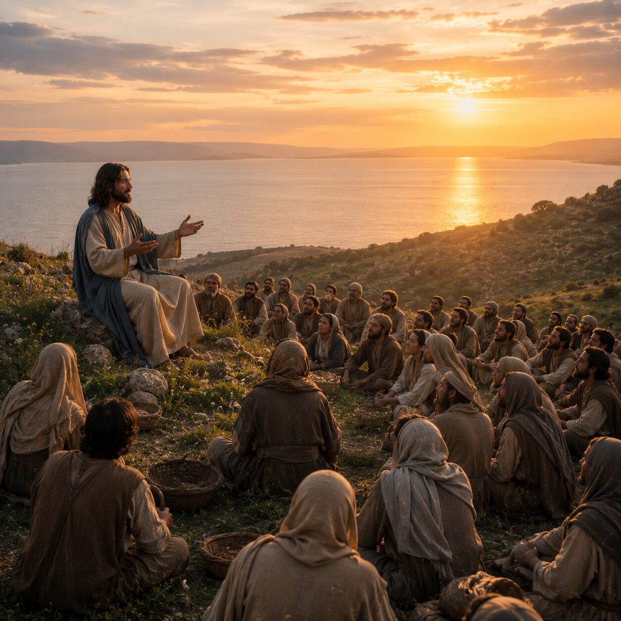 Jesus fala à multidão no monte ao entardecer Jesus está em um monte verde ao entardecer, vestindo uma túnica clara e um manto azul suave, com expressão serena e acolhedora, enquanto fala a uma multidão sentada ao redor dele. Algumas pessoas usam roupas simples de tons terrosos, com semblantes cansados e atentos, simbolizando a fome espiritual e a esperança que encontram em suas palavras. Ao fundo, aparece o mar calmo e o céu dourado com nuvens leves, além de algumas pedras e cestos vazios perto da multidão, sugerindo a multiplicação dos pães e a transição do alimento material para a mensagem do Pão da Vida.