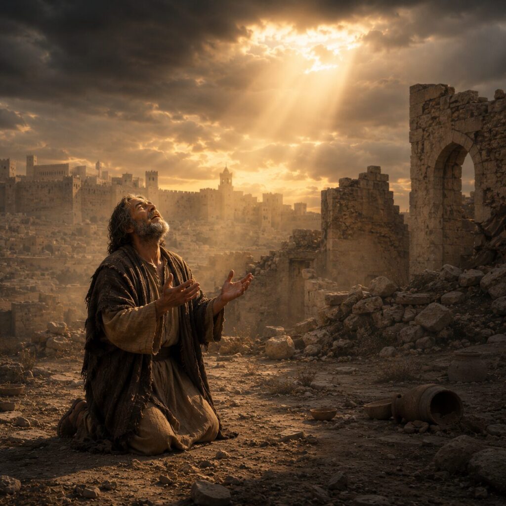 Profeta em oração entre as ruínas de Jerusalém Uma cena bíblica de Jerusalém em ruínas ao entardecer, com pedras quebradas, muros destruídos e um céu nublado em tons de cinza e dourado. No primeiro plano, um profeta hebreu de roupas simples e gastas, com túnica de linho marrom e manto escuro, está ajoelhado sobre o chão de terra, com expressão de lágrimas e reverência, olhando para o céu com as mãos abertas em oração. Ao redor dele há poucos destroços, vasos quebrados e poeira no ar, transmitindo sofrimento e desolação. Ao fundo, uma luz suave rompe as nuvens e ilumina discretamente o rosto do profeta, simbolizando esperança, misericórdia e fidelidade divina em meio à dor.