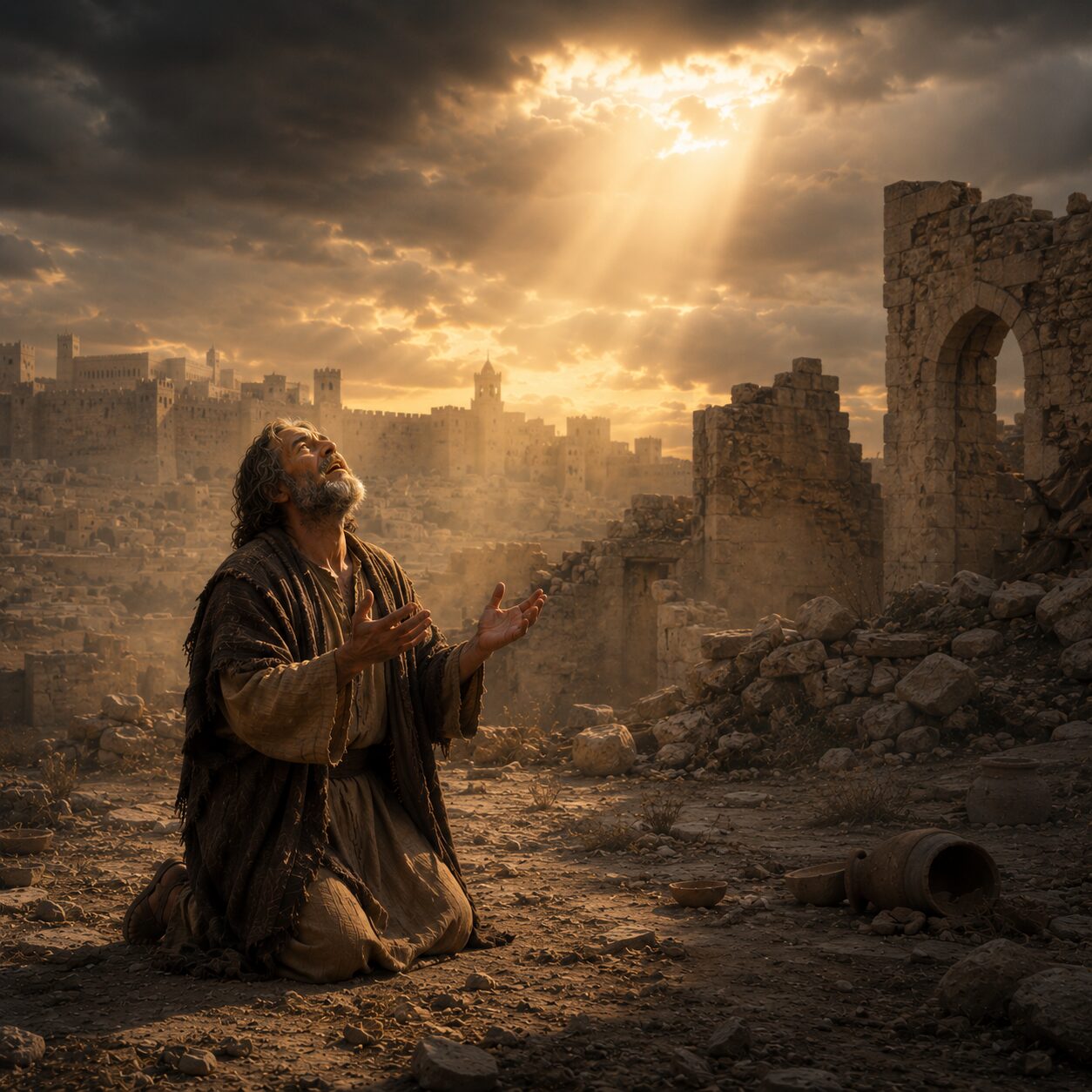 Profeta em oração entre as ruínas de Jerusalém Uma cena bíblica de Jerusalém em ruínas ao entardecer, com pedras quebradas, muros destruídos e um céu nublado em tons de cinza e dourado. No primeiro plano, um profeta hebreu de roupas simples e gastas, com túnica de linho marrom e manto escuro, está ajoelhado sobre o chão de terra, com expressão de lágrimas e reverência, olhando para o céu com as mãos abertas em oração. Ao redor dele há poucos destroços, vasos quebrados e poeira no ar, transmitindo sofrimento e desolação. Ao fundo, uma luz suave rompe as nuvens e ilumina discretamente o rosto do profeta, simbolizando esperança, misericórdia e fidelidade divina em meio à dor.