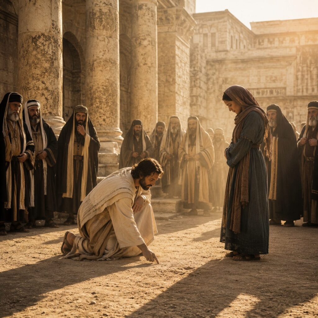 Cena no pátio do templo em Jerusalém ao amanhecer, com colunas de pedra, chão de terra e luz dourada suave. Jesus está no centro, vestido com túnica clara e manto simples, agachado ou inclinado em atitude serena, escrevendo com o dedo no chão. À sua frente, uma mulher em roupas modestas e aspecto abatido permanece de pé, com expressão de vergonha e esperança, as mãos recolhidas junto ao corpo. Ao redor, alguns escribas e fariseus com vestes longas e mantos escuros observam com semblante rígido, mas já desconcertado, formando um semicírculo tenso. A composição transmite acusação, silêncio, autoridade moral e misericórdia, com o templo ao fundo e a atmosfera de um momento decisivo de restauração.