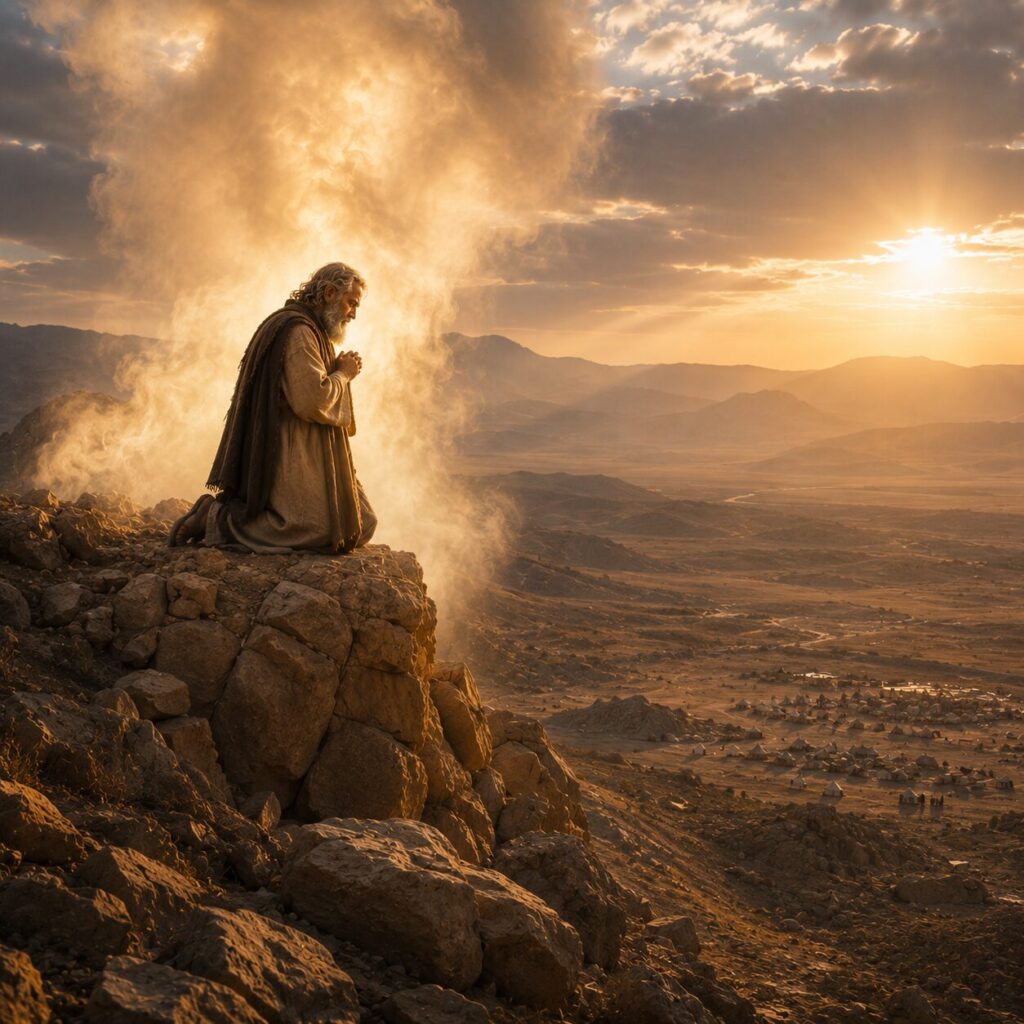 Moisés diante da nuvem luminosa no monte Moisés está sobre o monte em uma cena ao amanhecer, com vestes simples de lã bege e um manto escuro sobre os ombros, o rosto curvado em reverência diante de uma nuvem luminosa que desce do céu. Ao redor, pedras antigas e o contorno da montanha aparecem sob uma luz suave e dourada. A nuvem envolve parcialmente a figura de Moisés, sugerindo a presença santa de Deus sem mostrar forma humana. Ao fundo, o vale de Israel se estende silencioso, com tendas distantes e tons de deserto, transmitindo majestade, temor e misericórdia em um único cenário.