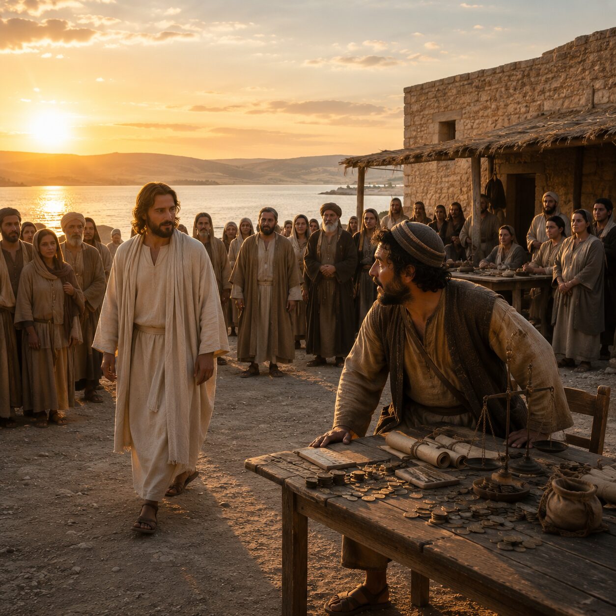 Uma cena bíblica ao ar livre à beira do mar da Galileia, com Jesus caminhando entre a multidão e olhando com compaixão para Levi, que está sentado em uma mesa de coletoria com moedas, pergaminhos e uma balança de impostos. Levi veste roupas simples de cobrador, com expressão de surpresa e arrependimento, enquanto se levanta da cadeira para seguir Jesus. Ao fundo, vê-se uma casa modesta de pedra onde outros homens e mulheres estão reunidos em torno de uma mesa, observando a cena com atenção. A luz do fim de tarde banha a paisagem com tons dourados, destacando um ambiente de chamado, transformação e esperança.