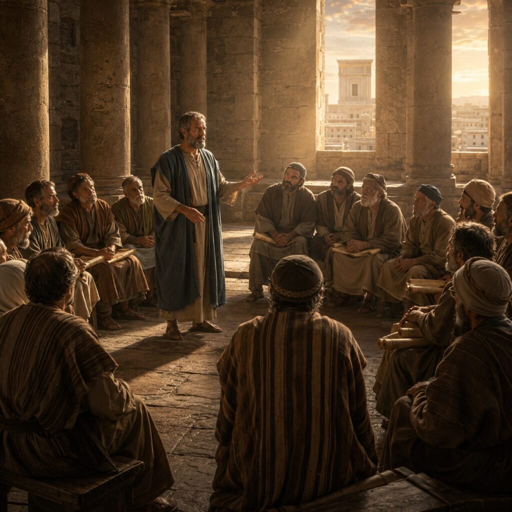 Concílio em Jerusalém Uma cena do concílio em Jerusalém dentro de uma grande sala de pedra, com líderes judeus e apóstolos reunidos em semicírculo sobre bancos simples de madeira. No centro, Pedro se levanta com expressão firme e serena, vestindo túnica clara e manto azul, enquanto fala aos presentes com a mão aberta em gesto de ensino. Ao redor, homens idosos e jovens escutam com atenção, alguns com pergaminhos nas mãos, outros inclinados em reflexão. Ao fundo, janelas altas deixam entrar a luz do entardecer, iluminando colunas antigas, um piso de pedra e detalhes discretos do templo ao longe, transmitindo unidade, reverência e a força da graça divina.