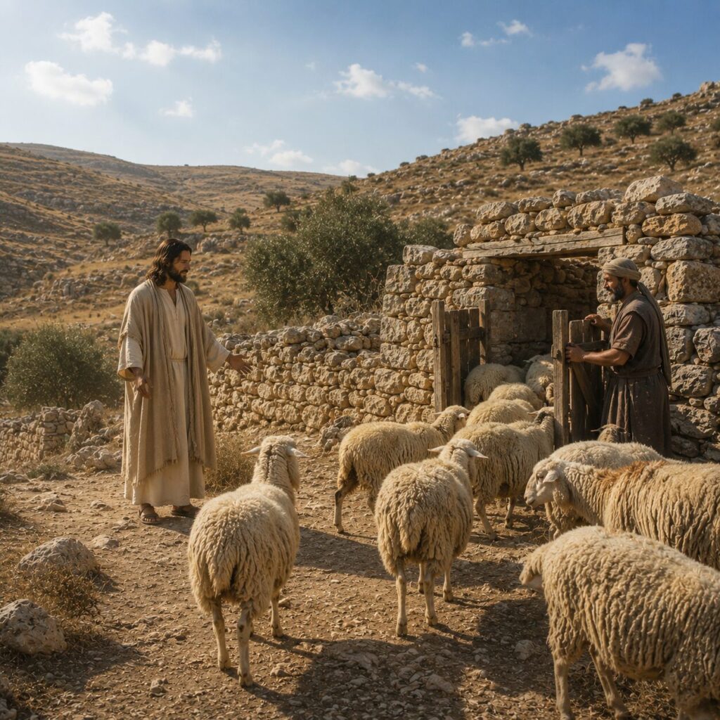 Jesus como o Pastor e a Porta do Aprisco Jesus está diante de um aprisco de pedra em uma paisagem da Judeia, com colinas secas ao fundo e céu claro. Ele veste túnica clara e manto sobre os ombros, em postura serena e acolhedora, olhando para um pequeno rebanho de ovelhas que se aproxima com confiança. Ao lado, um porteiro abre a entrada estreita do cercado, feito de pedras rústicas e madeira, enquanto algumas ovelhas reconhecem a voz do Pastor. A cena transmite cuidado, autoridade e proteção, com luz suave destacando Jesus como a porta e o guardião do rebanho.