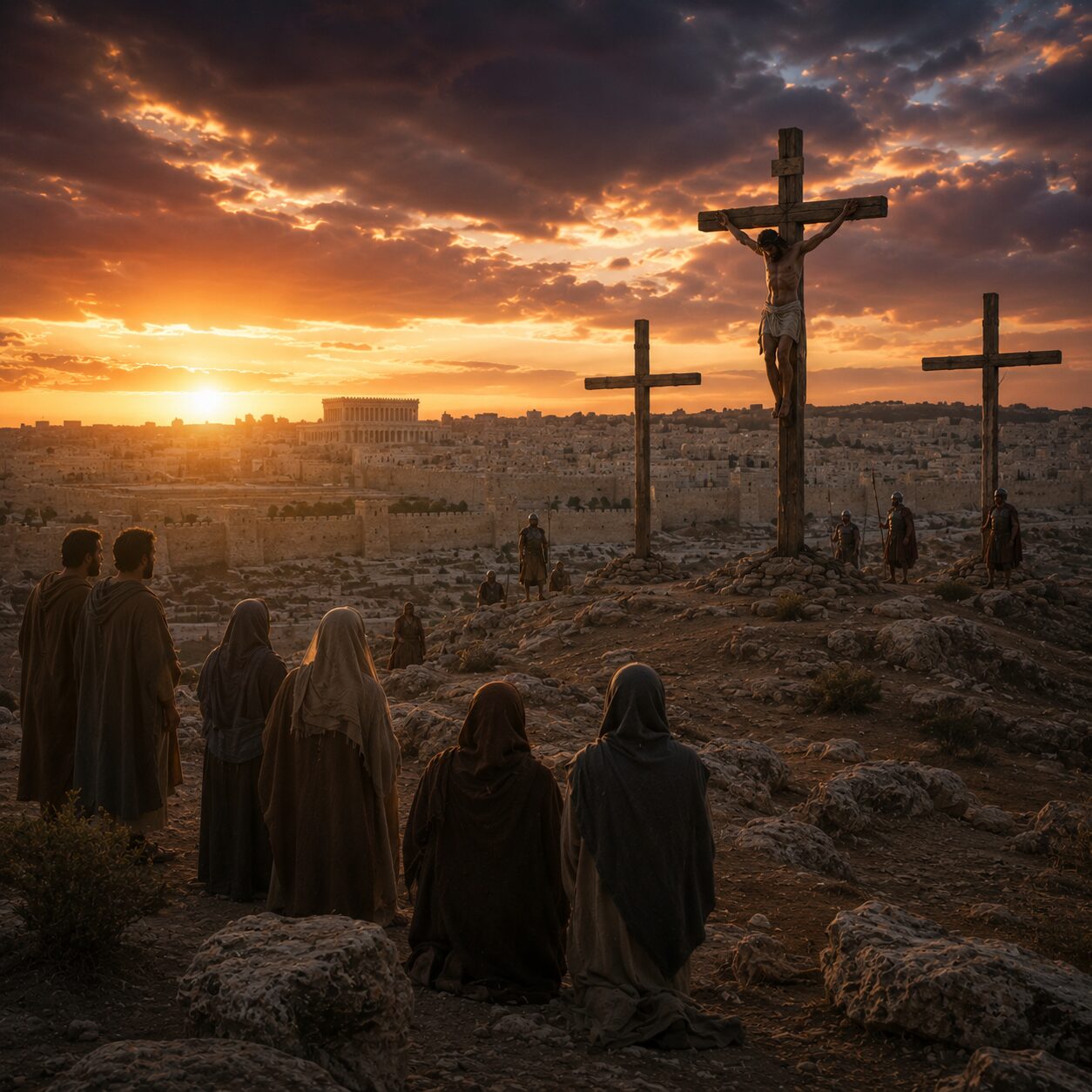 Crucificação de Jesus ao entardecer Cena da crucificação em um cenário de colina fora de Jerusalém, com céu dramático ao entardecer e a cidade ao fundo em estilo do primeiro século. No centro, a cruz de Jesus se destaca com simplicidade e reverência, enquanto algumas mulheres e discípulos observam de longe com expressões de dor e temor, usando túnicas e mantos típicos da época. Aos pés da cruz, a luz suave destaca o contraste entre sofrimento e redenção. A paisagem é árida, com pedras e terra seca, transmitindo solemnidade e esperança. Nenhuma violência explícita é mostrada, apenas a profundidade da cena e o sentido de sacrifício e reconciliação.