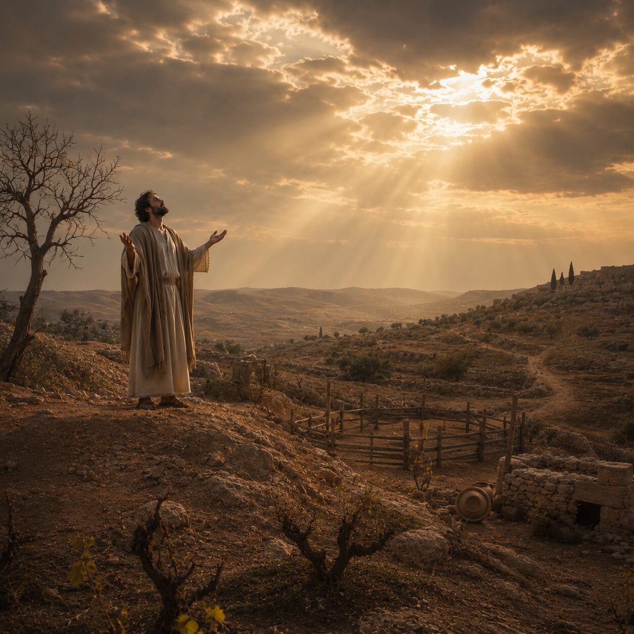 Habacuque em oração na paisagem árida de Judá Cena bíblica em um cenário rural de Judá, com colinas secas e campos aparentemente vazios ao fundo, mostrando o profeta Habacuque em vestes simples de linho e manto judaico, de pé sobre um terreno elevado, com o rosto voltado para o céu em atitude de oração e adoração. Ao redor, uma figueira sem frutos, parreiras sem colheita e currais silenciosos reforçam a escassez. A luz do fim da tarde atravessa as nuvens, criando um contraste entre a aridez da paisagem e a serenidade firme do profeta. A composição transmite confiança, reverência e esperança em meio à crise.