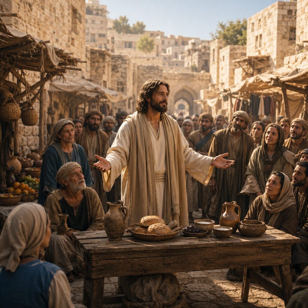 Jesus oferece provisão e graça no mercado de Jerusalém Uma cena bíblica serena em um mercado antigo ao ar livre, com Jesus em destaque cercado por homens e mulheres humildes, vestidos com túnicas simples em tons de bege, azul e marrom, todos com expressões de sede, esperança e atenção. Ele estende as mãos em gesto acolhedor diante de uma mesa com pão, jarros de água, vinho e leite, simbolizando provisão e graça. Ao fundo, casas de pedra e ruas estreitas de Jerusalém aparecem sob a luz dourada da manhã, enquanto alguns ouvintes se inclinam com humildade, como quem responde a um convite de misericórdia e vida.