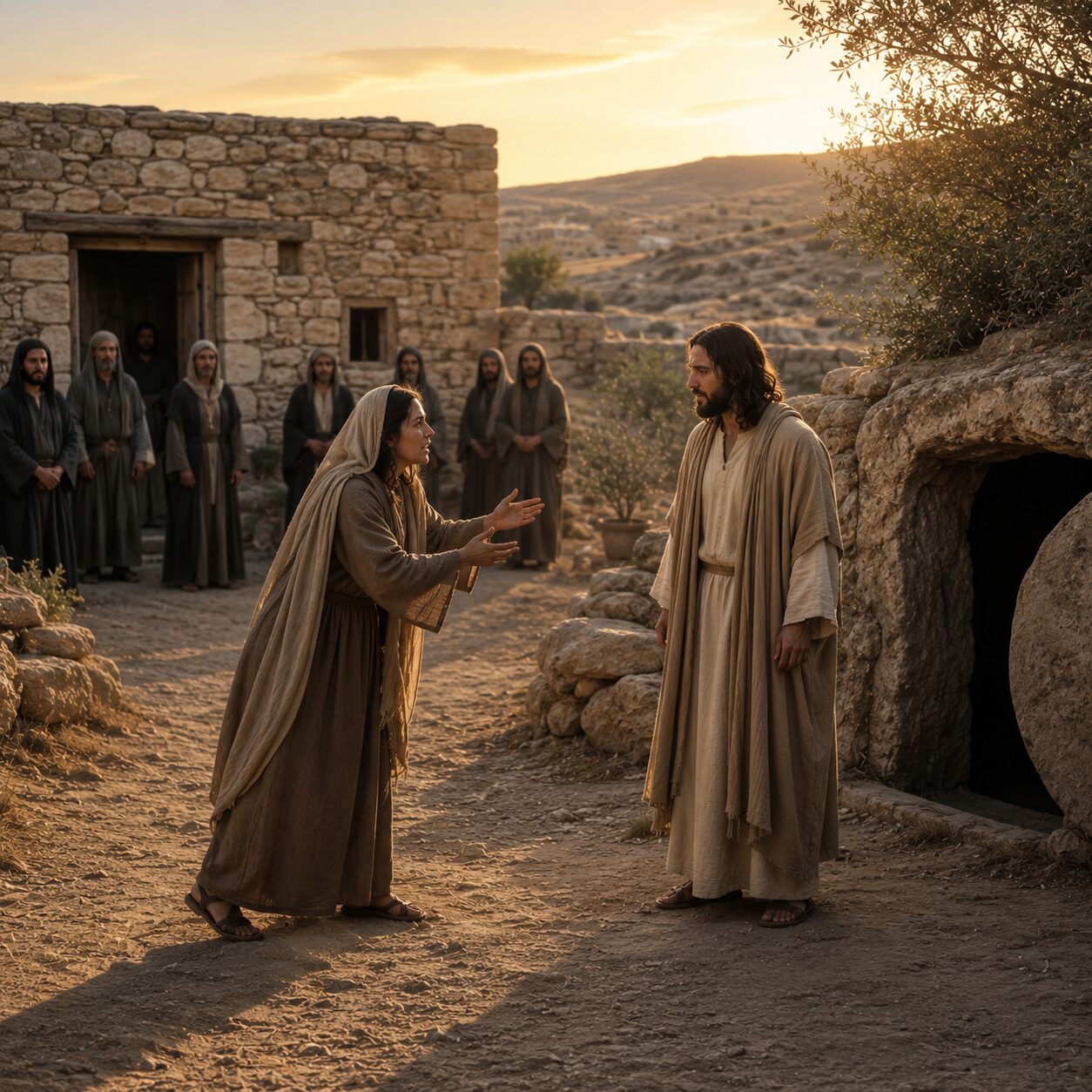 Marta encontra Jesus em Betânia Cena em Betânia, diante de uma casa judaica simples de pedra, com porta baixa e pátio interno, ao entardecer. Marta sai ao encontro de Jesus em expressão de dor e esperança, vestindo túnica longa e véu típico do primeiro século, enquanto Jesus, com manto claro e postura serena, a recebe com compaixão. Ao fundo, alguns judeus vestidos com roupas sóbrias de luto permanecem próximos à casa, observando em silêncio. Ao lado, uma sepultura escavada na rocha, parcialmente sombreada, sugere a morte de Lázaro sem mostrar o corpo. A paisagem de Betânia aparece com colinas secas e vegetação discreta, criando uma atmosfera de reverência, tristeza e esperança.