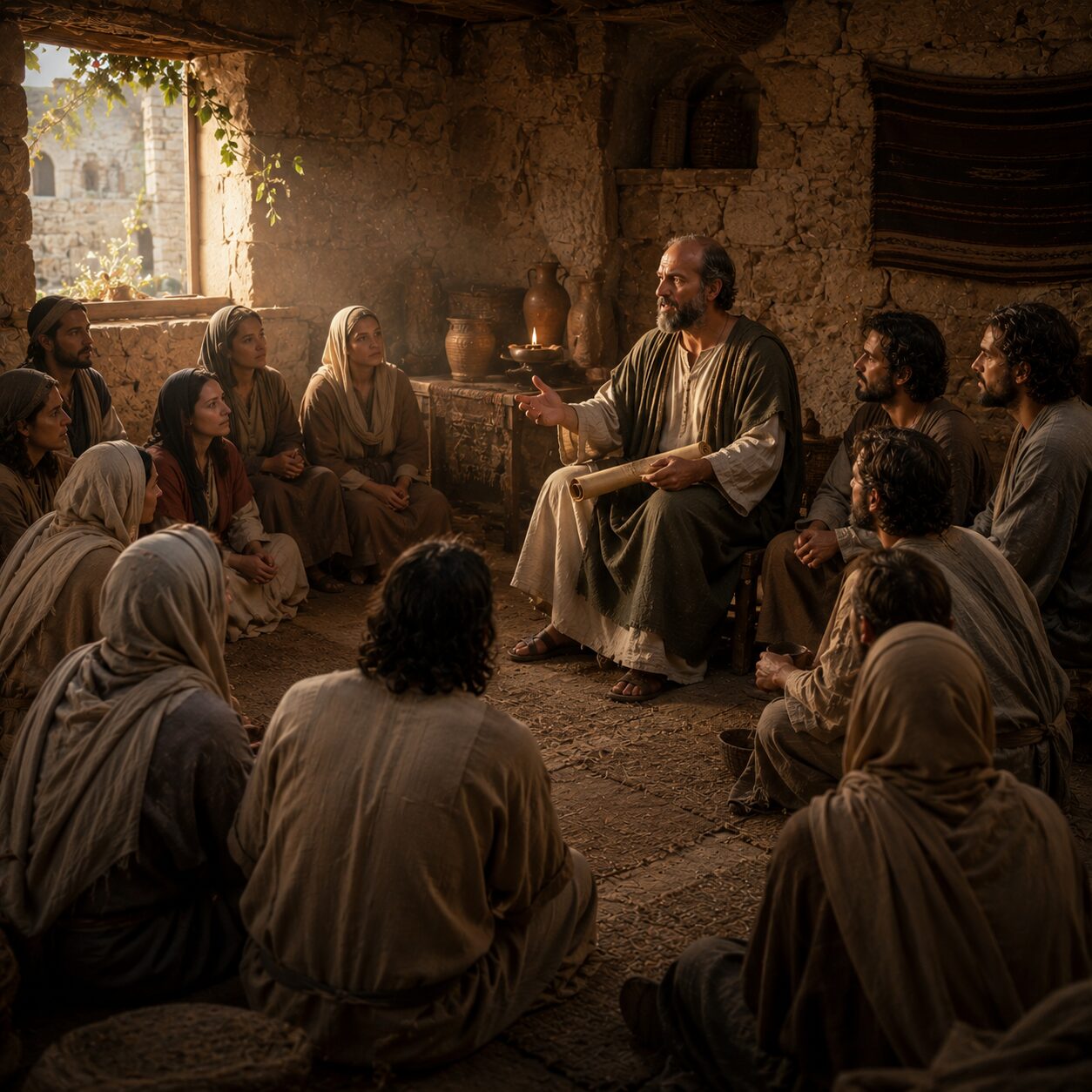 Paulo ensinando a igreja em Éfeso Interior de uma casa simples na cidade de Éfeso, com paredes de pedra e uma janela aberta deixando entrar a luz do sol. No centro, o apóstolo Paulo aparece sentado ou em pé com postura firme, segurando um rolo de pergaminho enquanto ensina a uma pequena igreja reunida ao seu redor. Os ouvintes usam túnicas simples de linho e mantos em tons terrosos, com expressões atentas e reverentes. Alguns estão sentados no chão, outros em bancos de madeira rústica, todos voltados para Paulo. Ao fundo, há objetos do cotidiano como jarros de barro, uma lamparina de óleo e cestos, compondo um ambiente antigo e humilde que transmite a ideia de instrução, graça e transformação espiritual.