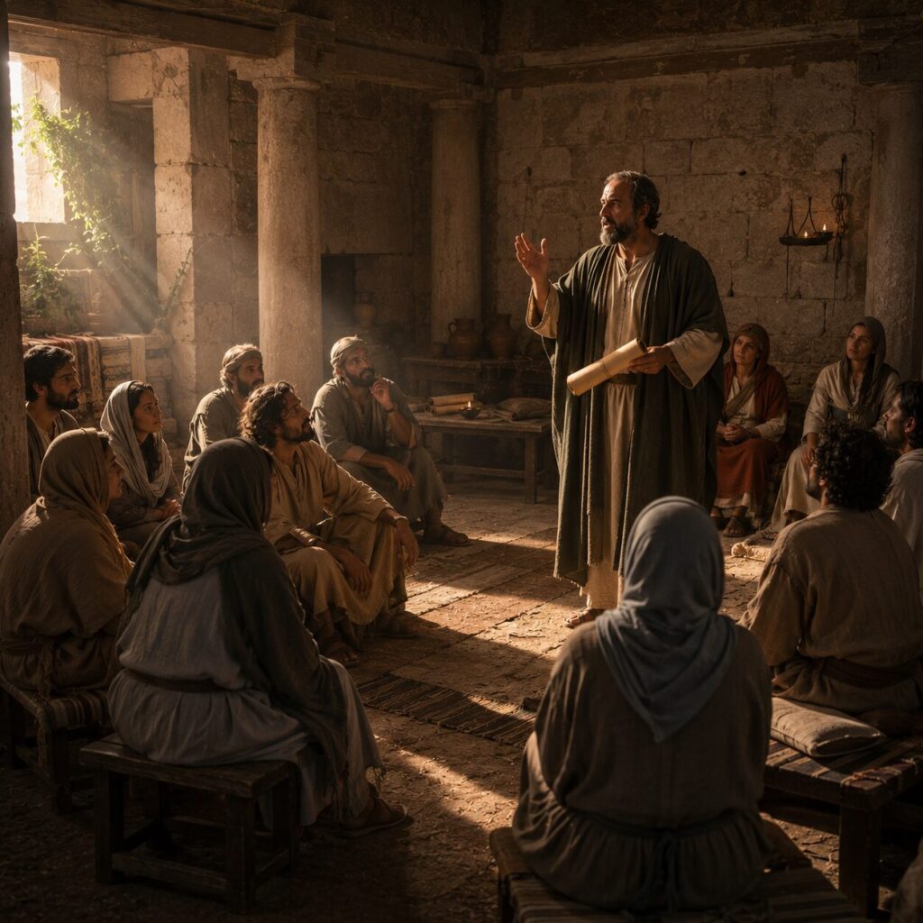 Interior de uma casa-igreja simples de Corinto, com paredes de pedra clara, colunas e bancos baixos de madeira, onde homens e mulheres vestidos com túnicas longas em tons neutros e mantos sobre os ombros estão reunidos em oração e atenção. No centro, o apóstolo Paulo, com aparência madura e expressão séria e encorajadora, ergue uma mão enquanto segura um pergaminho na outra, ensinando com firmeza. Alguns ouvintes inclinam o corpo para frente com rostos concentrados, outros unem as mãos em reverência. A cena é iluminada pela luz suave que entra por uma abertura lateral, revelando jarros de barro, rolos de pergaminho e o ambiente de uma comunidade cristã antiga, transmitindo vigilância, perseverança e coragem espiritual.