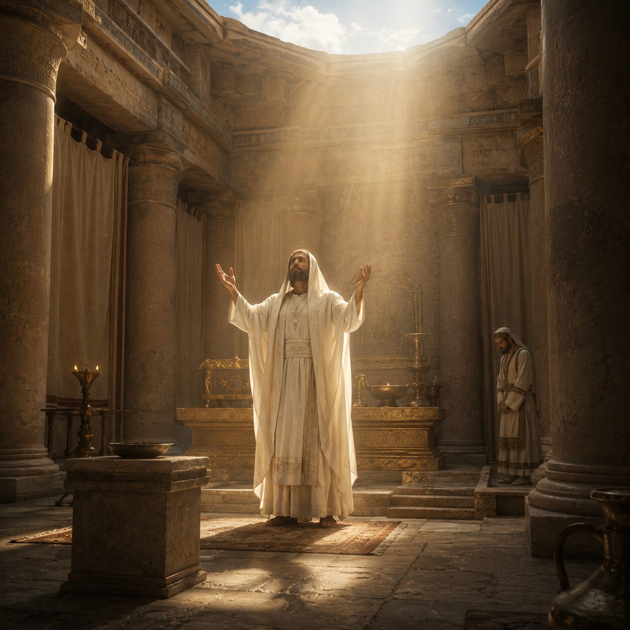 Cristo como sumo sacerdote no templo Interior de um templo antigo em Jerusalém, com colunas de pedra, cortinas de linho e luz suave entrando por uma abertura alta. No centro, Jesus aparece em pé como sumo sacerdote, com vestes brancas e um manto simples, sereno e majestoso, sem sinais de corrupção ou fraqueza. Ele levanta as mãos em intercessão diante de Deus, enquanto ao fundo se veem elementos do serviço sacerdotal antigo, como um altar de bronze, vasos sagrados e um sacerdote levítico em posição de reverência, simbolizando a transição da antiga aliança para o sacerdócio eterno de Cristo. A atmosfera transmite santidade, paz e redenção, com o céu claro visível ao longe acima do templo.