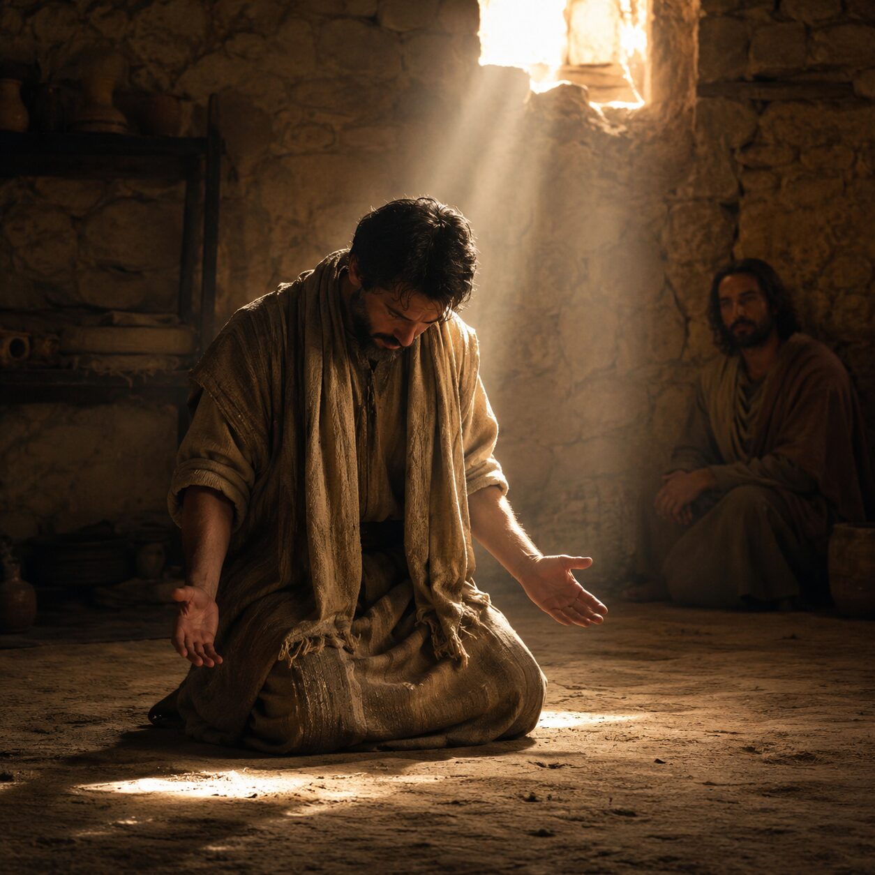 Arrependimento e luz na casa simples Uma cena bíblica em uma casa simples da época, com paredes de pedra, chão de terra batida e luz entrando por uma abertura no alto. Um homem judeu vestido com túnica humilde e manto está de joelhos, cabeça baixa, em atitude de arrependimento e confissão. Diante dele, a presença simbólica da luz ilumina o ambiente, destacando seu rosto emocionado e as mãos abertas. Ao fundo, outro discípulo observa em silêncio com expressão serena. A atmosfera é de reverência, sinceridade e esperança, representando a purificação e a comunhão na luz de Deus.
