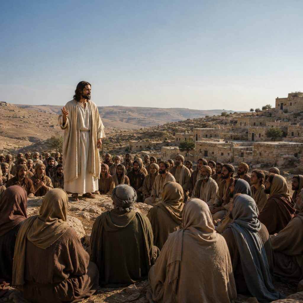 Jesus fala à multidão na região judaica Jesus está diante de uma multidão em uma região judaica do primeiro século, usando uma túnica longa clara e manto simples, com expressão serena e autoridade enquanto fala. Ao redor, homens e mulheres vestidos com roupas típicas da época, em tons terrosos, escutam com atenção e reverência. Ao fundo, há casas de pedra, colinas secas e céu aberto, criando uma cena solene e contemplativa que destaca a mensagem de vida, ressurreição e juízo.