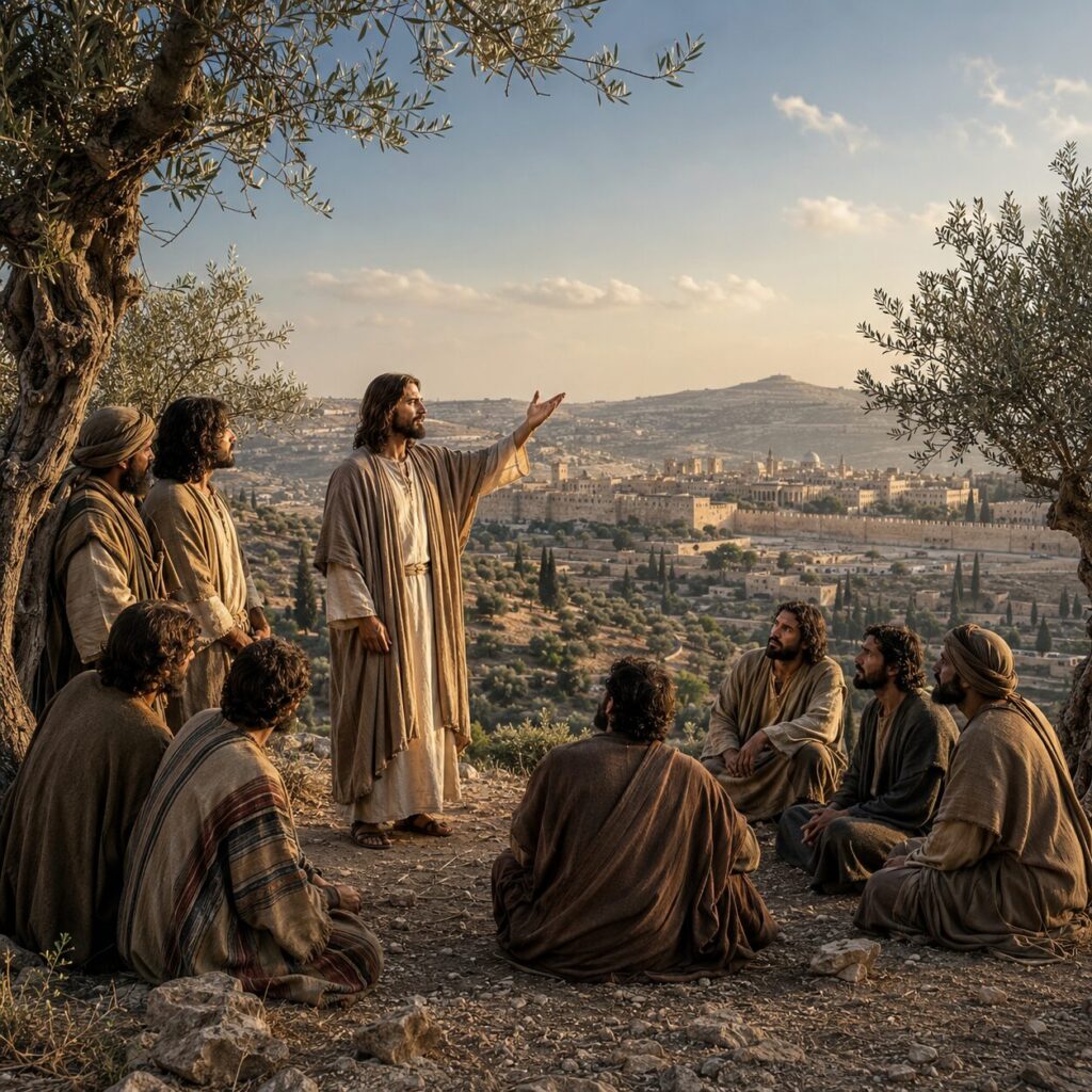 Cena em Jerusalém, com Jesus cercado pelos discípulos no Monte das Oliveiras, em vestes judaicas simples do primeiro século, túnicas de linho e mantos em tons terrosos. Jesus fala com firmeza e serenidade, gesticulando em direção a uma grande montanha ao longe, enquanto os discípulos o escutam atentos e com expressões de reverência e surpresa. Ao fundo, vê-se a paisagem árida da Judeia, oliveiras retorcidas, céu aberto e a cidade antiga com muros de pedra e construções de teto plano, transmitindo a ideia de fé, oração e confiança no poder de Deus.