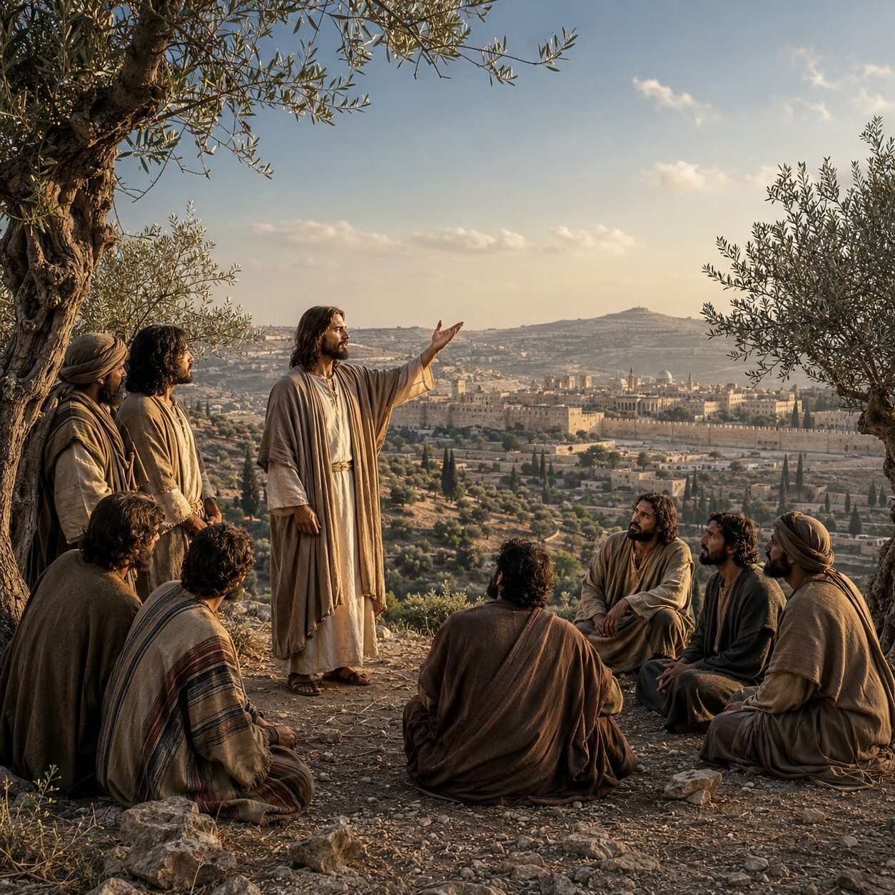 Cena em Jerusalém, com Jesus cercado pelos discípulos no Monte das Oliveiras, em vestes judaicas simples do primeiro século, túnicas de linho e mantos em tons terrosos. Jesus fala com firmeza e serenidade, gesticulando em direção a uma grande montanha ao longe, enquanto os discípulos o escutam atentos e com expressões de reverência e surpresa. Ao fundo, vê-se a paisagem árida da Judeia, oliveiras retorcidas, céu aberto e a cidade antiga com muros de pedra e construções de teto plano, transmitindo a ideia de fé, oração e confiança no poder de Deus.