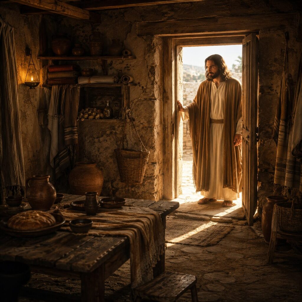 Interior de uma casa na antiga cidade de Laodiceia, com paredes de pedra e móveis simples de madeira, iluminada por uma luz suave que entra pela porta entreaberta. Jesus aparece à entrada, com túnica longa e manto, em postura serena e firme, tocando a porta com a mão e olhando com compaixão. Dentro da casa, uma mesa preparada para a ceia simboliza comunhão, enquanto ao fundo se veem tecidos, moedas e um frasco de colírio, representando riqueza, vestes e cura espiritual. A cena transmite chamado, arrependimento e restauração, com arquitetura e objetos coerentes com o período bíblico.