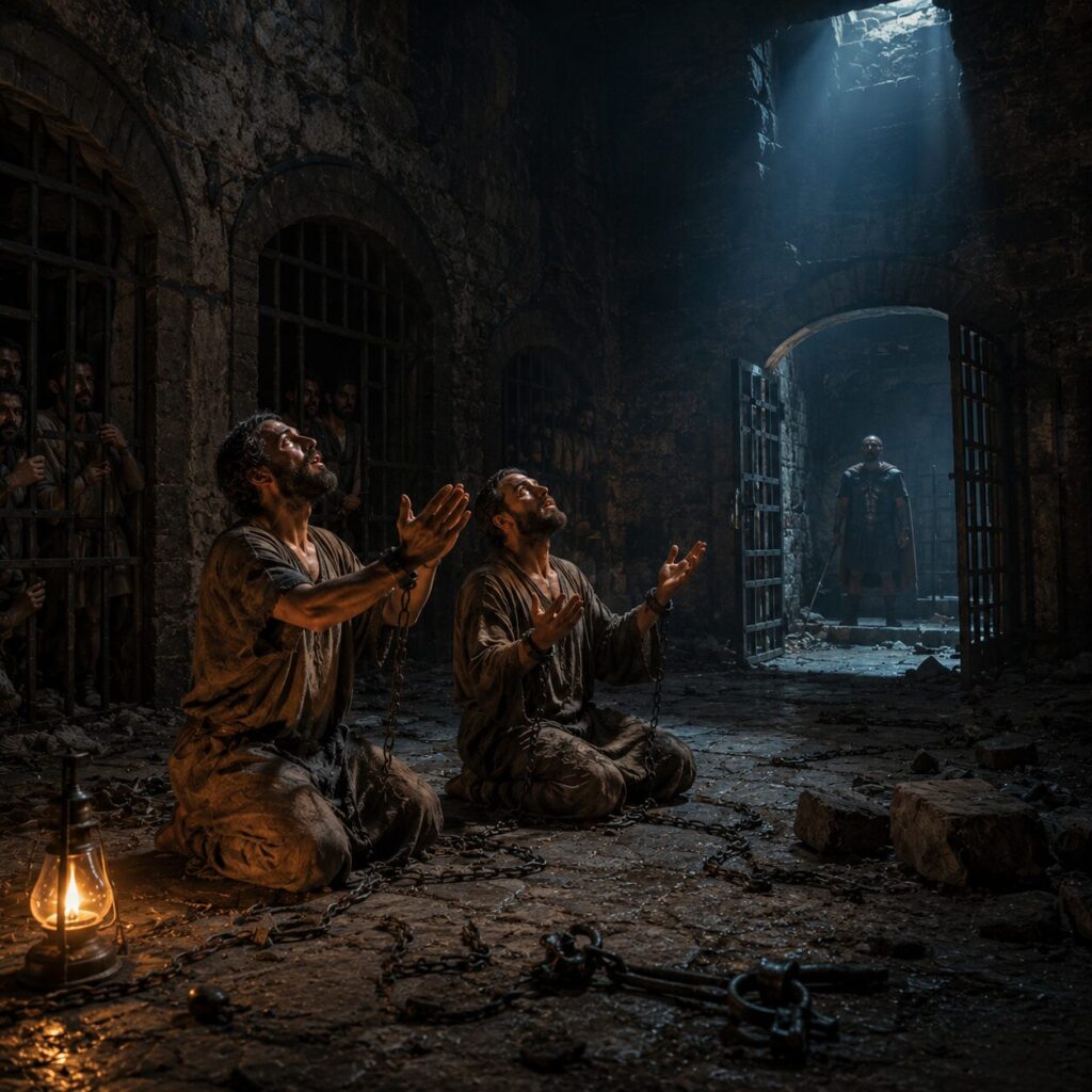 Paulo e Silas estão no cárcere interior de uma prisão romana, sentados ou ajoelhados sobre o chão de pedra, com roupas simples e sinais de ferimentos nos corpos, mas com o rosto voltado para o alto em oração e louvor. Ao redor deles há muros altos de pedra escura, grades de ferro e correntes soltas no chão, enquanto outros presos observam em silêncio nas celas próximas. A iluminação vem de uma lamparina a óleo e de uma abertura no alto por onde entra a luz da noite, criando uma atmosfera de reverência e esperança. Um carcereiro romano, com túnica e expressão atônita, aparece à distância diante das portas abertas, enquanto o ambiente sugere o momento imediatamente após o terremoto, com poeira no ar e forte sensação de intervenção divina.