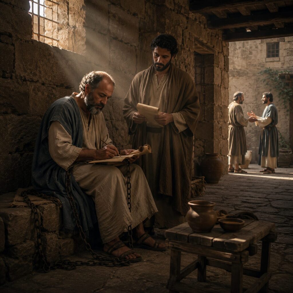 Paulo aparece em uma prisão romana simples, sentado sobre pedras, com roupas humildes de linho gasto, escrevendo uma carta em um pergaminho à luz suave que entra por uma abertura alta na parede. Ao lado, um mensageiro segura a carta com cuidado, enquanto ao fundo se vê uma cena simbólica de reconciliação: dois homens em vestes antigas se encontram diante de uma casa modesta, um com expressão contrita e postura humilde, o outro com semblante comovido e braços parcialmente abertos. A arquitetura é de pedra e madeira, com pátio discreto, vasos de barro e uma atmosfera serena de perdão e restauração. A imagem transmite dignidade, graça e recomeço.