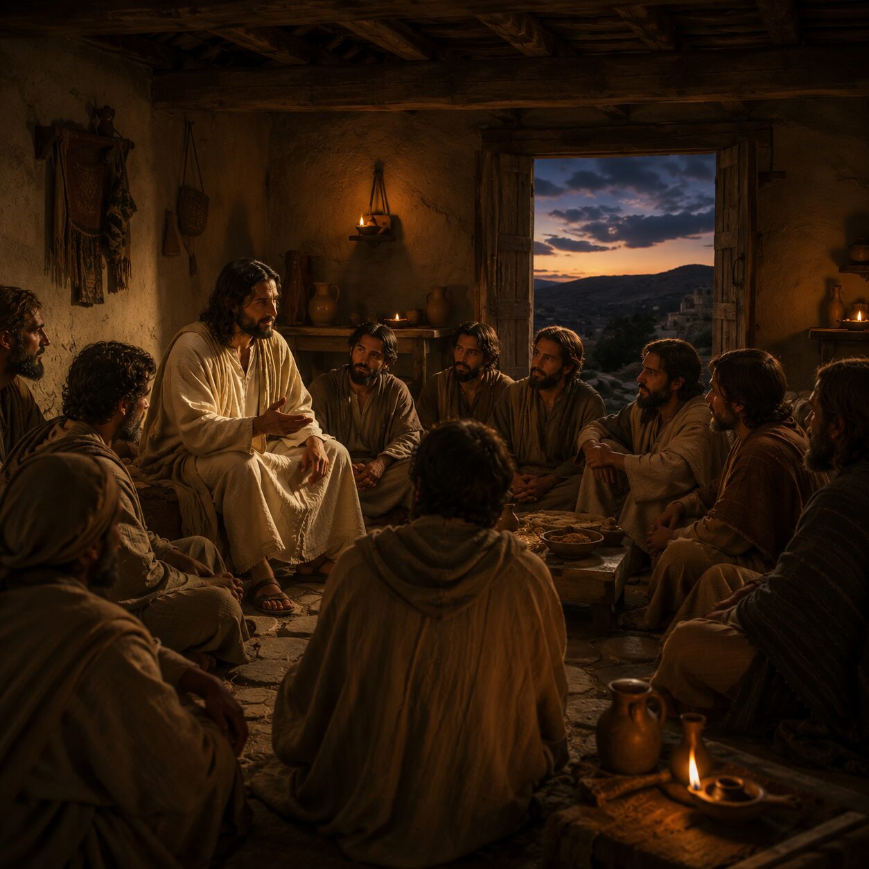 Jesus reúne os discípulos em uma casa judaica Interior de uma casa judaica simples no fim da tarde, com os discípulos reunidos em torno de Jesus em um ambiente de madeira e pedra, iluminado por luz suave de lamparinas. Jesus está sentado com expressão serena, vestindo túnica clara e manto, enquanto fala com autoridade e ternura. Os discípulos, com roupas típicas do primeiro século, túnicas de linho e mantos de tons terrosos, demonstram preocupação e atenção, alguns inclinados para ouvir melhor. Ao fundo, aparece uma mesa baixa com pão e jarros de barro, e pela abertura da casa é possível ver o céu escurecendo sobre colinas da Judeia, transmitindo a atmosfera de despedida, consolo e esperança.