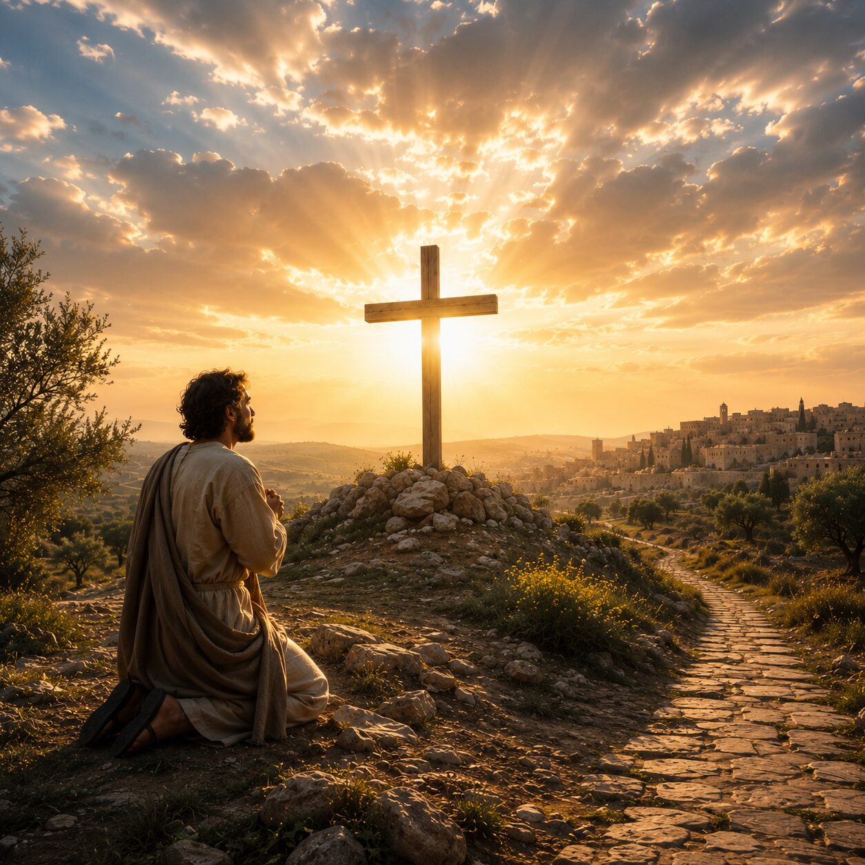 Ajoelhado diante da cruz ao amanhecer Uma cena bíblica emocionante mostrando um homem ajoelhado diante da cruz de Cristo ao amanhecer, com roupas simples da época, rosto sereno e lágrimas de alívio, enquanto um brilho suave envolve a cruz vazia ao fundo. Ao lado, um caminho de pedra se estende em direção a uma cidade antiga com casas de pedra e telhados baixos, simbolizando uma nova vida. No céu, nuvens se abrem deixando passar raios dourados de luz, transmitindo perdão, liberdade e esperança. Ao redor, um ambiente calmo com oliveiras e vegetação discreta reforça a sensação de restauração espiritual e paz.