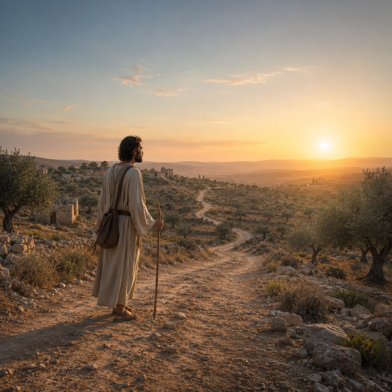 Caminho de confiança sob a luz do amanhecer Uma estrada antiga de terra atravessando colinas suaves no cenário de Israel, com um homem hebreu vestido com túnica de linho clara, cinto de couro e sandálias, caminhando em atitude reverente enquanto olha para o horizonte com expressão de confiança. Ao lado dele, um cajado simples e uma pequena bolsa de viagem sugerem jornada e dependência. O céu está amplo, com luz suave de amanhecer iluminando o caminho, e ao fundo aparecem oliveiras, pedras do deserto e pequenas construções de pedra típicas da região. A cena transmite orientação divina, serenidade e a ideia de um caminho que se torna reto sob a condução de Deus.