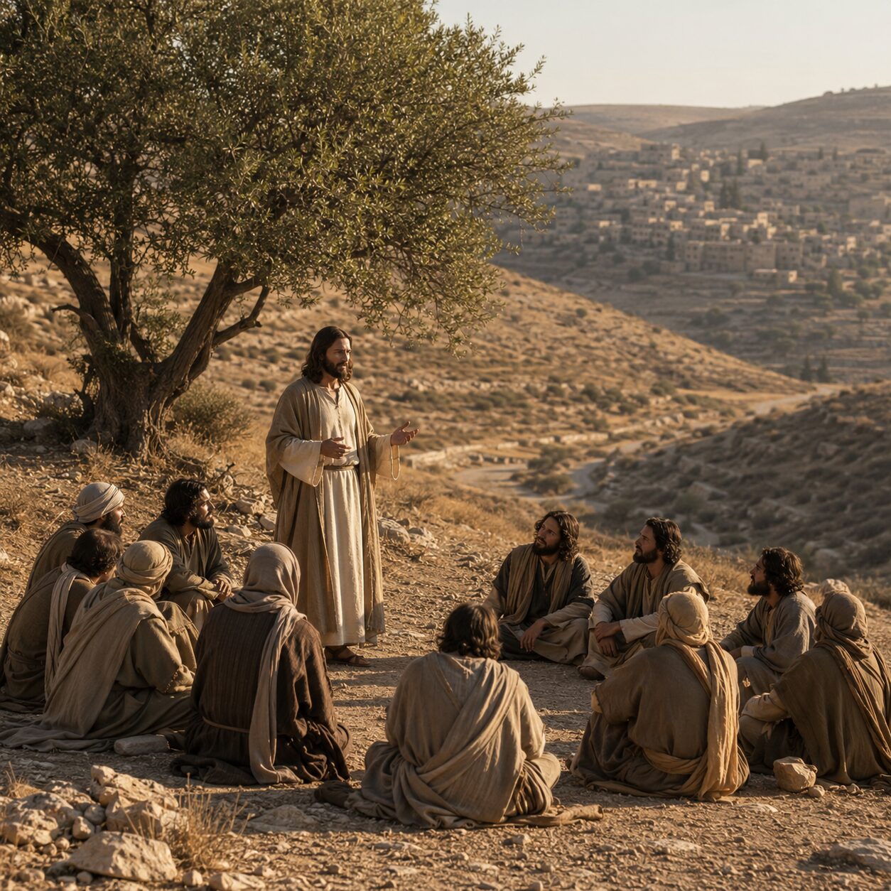 Jesus ensina os discípulos na estrada da Judeia Jesus está de pé ao ar livre em uma estrada da Judeia, cercado pelos discípulos vestidos com túnicas simples de linho e mantos em tons terrosos, alguns com sandálias e cabeças cobertas, ouvindo atentamente enquanto ele ensina com serenidade. O cenário mostra colinas secas, pedras claras e ao fundo uma amoreira de raízes profundas, destacada como símbolo do impossível. A expressão dos discípulos é de reverência e desejo, refletindo o pedido por mais fé. A luz do fim da tarde suaviza a paisagem, e ao fundo aparece uma pequena vila com casas de pedra e telhados planos, compondo uma cena bíblica fiel, contemplativa e cheia de significado espiritual.