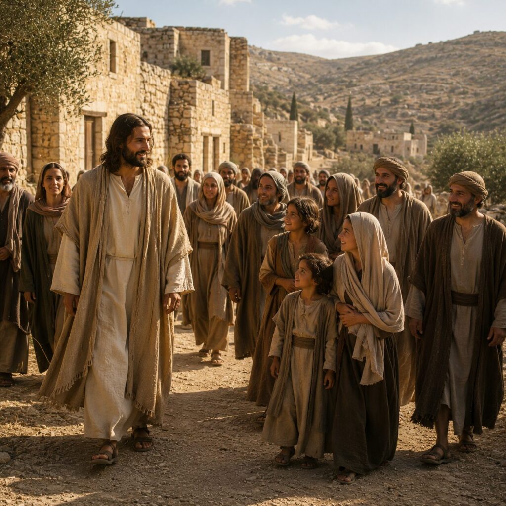 A cena mostra Jesus Cristo caminhando entre pessoas em uma região da Judeia, com casas de pedra ao fundo, ruas de terra e colinas secas sob a luz suave da manhã. Ele veste uma túnica simples com manto, e seu rosto transmite serenidade e compaixão. Ao redor, homens, mulheres e crianças observam com atenção, alguns se aproximando com esperança, outros em silêncio reverente. A composição destaca Jesus como a luz no meio de um povo em trevas, com um ambiente histórico fiel ao período bíblico, roupas longas de linho e lã, e uma atmosfera de graça e paz.