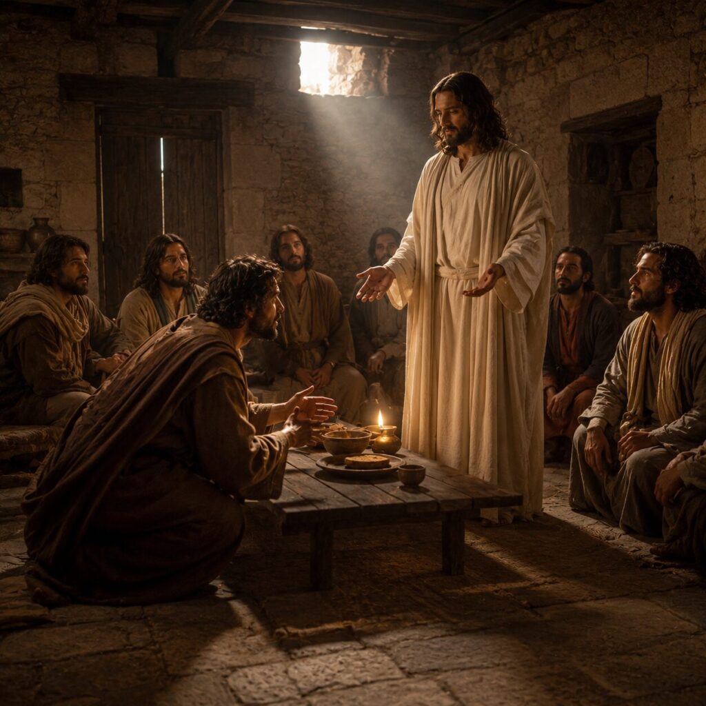 Jesus ressuscitado aparece a Tomé em uma casa em Jerusalém Interior de uma casa judaica simples em Jerusalém, com paredes de pedra, portas trancadas e luz suave entrando por uma abertura alta. Jesus ressuscitado está no centro da pequena reunião dos discípulos, com vestes claras e expressão serena, mostrando as marcas nas mãos. Tomé, em primeiro plano, veste túnica de tom terroso e manto, inclina-se com surpresa e reverência, olhando para o Senhor com os olhos marejados. Os demais discípulos observam em silêncio, emocionados e atentos, em torno de uma mesa baixa de madeira com lampião de óleo e alguns utensílios simples. O ambiente transmite reverência, paz e o impacto de um encontro real com o Cristo vivo.