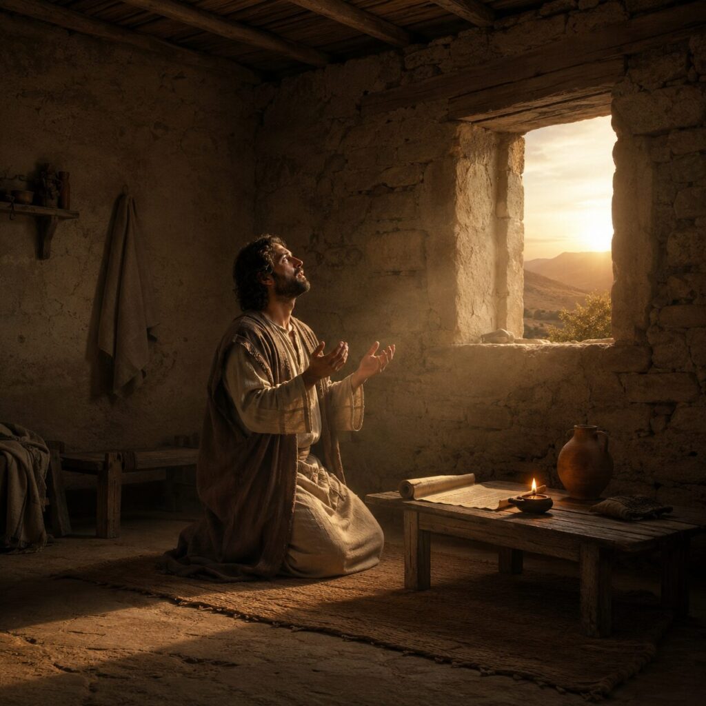 Crente em oração ao amanhecer Cena bíblica de um crente em oração dentro de uma casa simples da Ásia Menor, no primeiro século, com paredes de pedra bruta, teto de madeira e uma pequena janela deixando entrar luz suave do amanhecer. O homem veste túnica de linho simples e manto marrom, ajoelhado com as mãos erguidas e o rosto sereno, marcado por dor e esperança. Ao lado dele há uma lamparina de óleo, um rolo de pergaminho aberto e um vaso de barro. Pela janela, vê-se uma paisagem discreta com colinas ao fundo e céu claro, simbolizando a esperança viva em meio à perseguição.