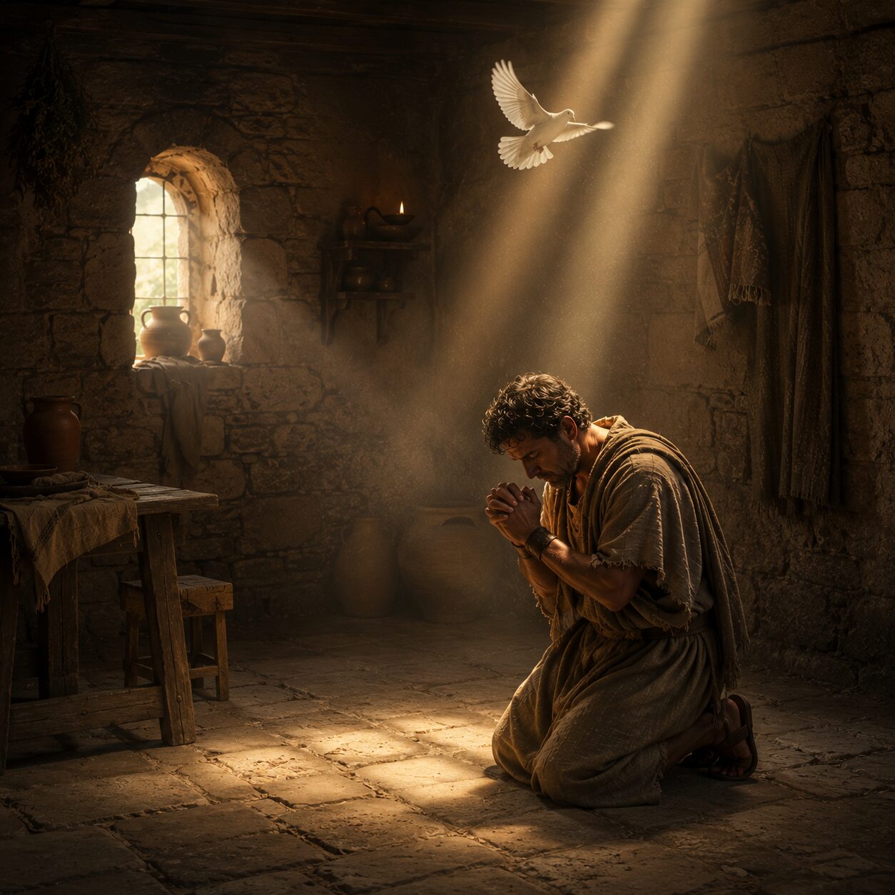 Cena bíblica de um homem arrependido em um ambiente simples do mundo romano, com roupas gastas e expressão humilde, ajoelhado em oração diante de uma luz suave que desce do alto, simbolizando a misericórdia de Deus. Ao fundo, um interior de casa com paredes de pedra, uma mesa simples, jarros de barro e tecidos discretos, enquanto uma pomba em voo representa o Espírito Santo. A atmosfera transmite transformação, perdão e nova vida, com tons quentes e serenos, sem elementos modernos, mostrando a passagem da culpa para a esperança.