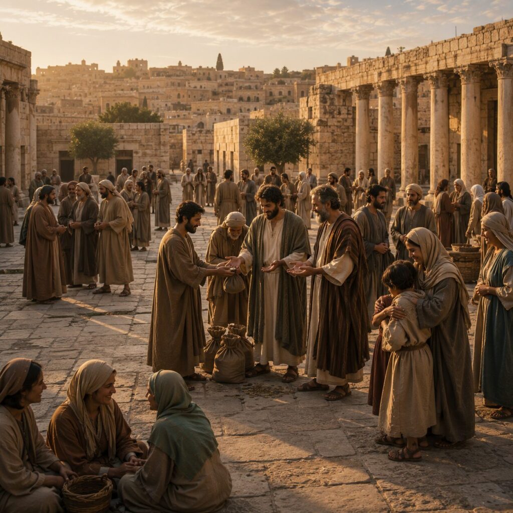 A Comunidade da Igreja Primitiva em Jerusalém Uma cena da igreja primitiva em Jerusalém, com homens e mulheres reunidos em um pátio de pedra, vestidos com túnicas simples em tons terrosos e mantos claros, expressando paz e solidariedade. No centro, alguns crentes entregam bolsas e rolos de moedas aos pés de dois apóstolos de semblante sereno, que recebem os recursos com humildade. Ao redor, outras pessoas conversam em pequenos grupos, abraçando órfãos e viúvas, enquanto ao fundo aparecem casas de arquitetura antiga, colunas de pedra e um céu suave de fim de tarde. A atmosfera transmite união, generosidade e cuidado comunitário, com iluminação dourada destacando os rostos acolhedores.