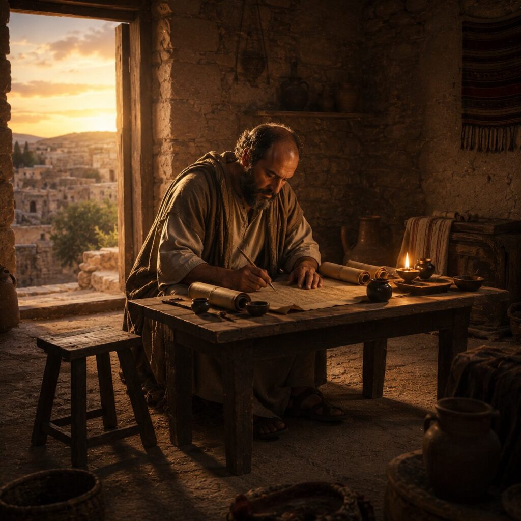 Paulo escreve uma carta em uma casa do primeiro século Cena bíblica de Paulo escrevendo uma carta em um ambiente simples de uma casa do primeiro século, com paredes de pedra e uma mesa baixa de madeira. Ele aparece sentado ou inclinado sobre o papiro, usando túnica longa em tons neutros e manto, com expressão séria e contemplativa, segurando o estilete ou pena. Ao fundo, uma lâmpada de óleo ilumina suavemente o interior, com rolos de pergaminho, frascos de tinta e um pequeno banco de madeira ao lado. Pela abertura da casa, vê-se luz do entardecer e construções antigas de pedras, transmitindo a ideia de uma mensagem profunda sobre a cruz, a fé e a nova vida em Cristo.