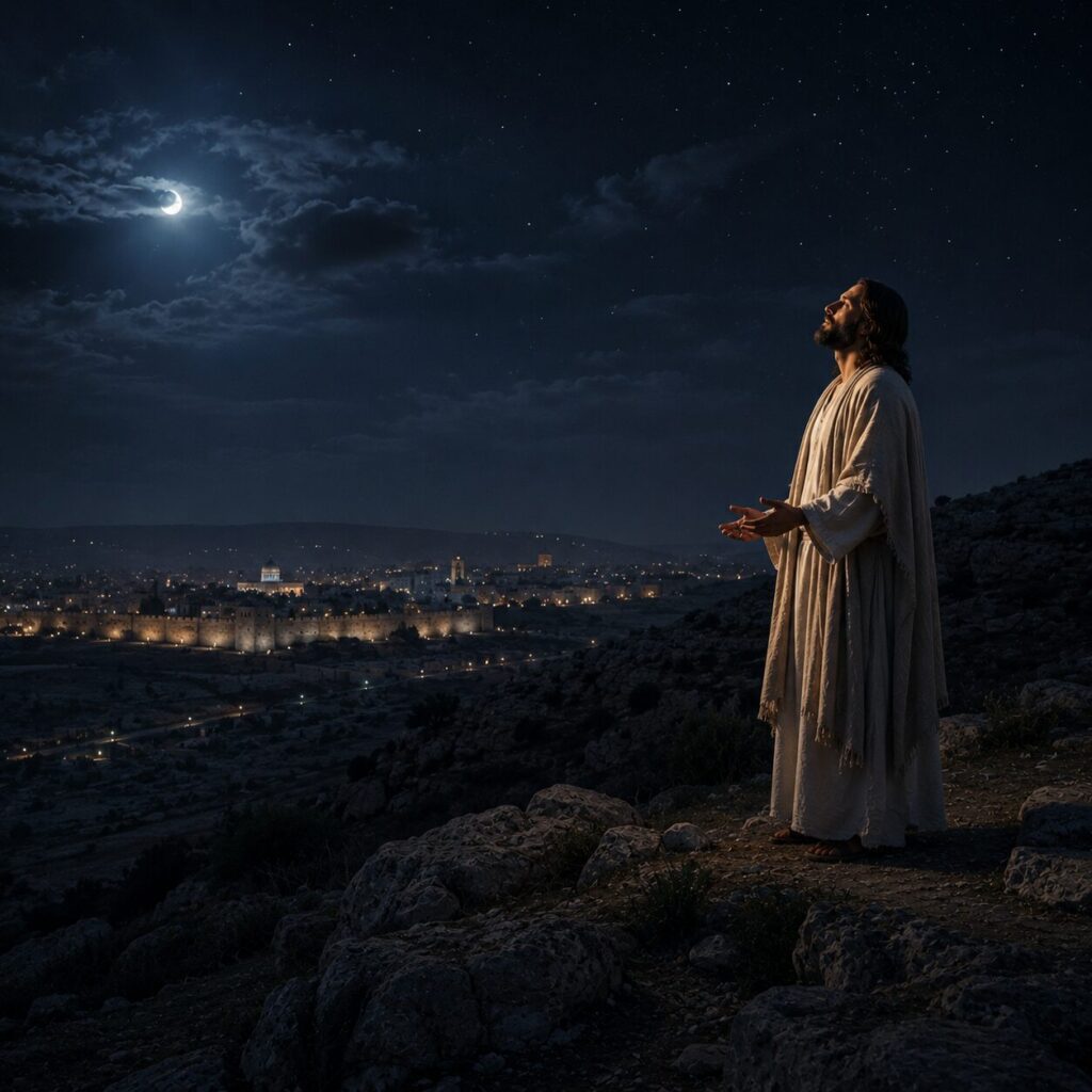 Jesus em oração no monte Jesus está em oração no alto de um monte, na noite escura, com os olhos erguidos ao céu e expressão serena e profunda. Ele veste uma túnica simples de tecido claro e um manto sobre os ombros, em meio a um cenário de pedra e vegetação baixa da Judeia. Ao fundo, ao longe, vê-se Jerusalém com suas muralhas e luzes discretas, sugerindo a proximidade da cruz. A composição transmite intimidade, entrega e glória espiritual, com luz suave envolvendo o rosto de Jesus e destacando a solenidade daquele momento de oração ao Pai.
