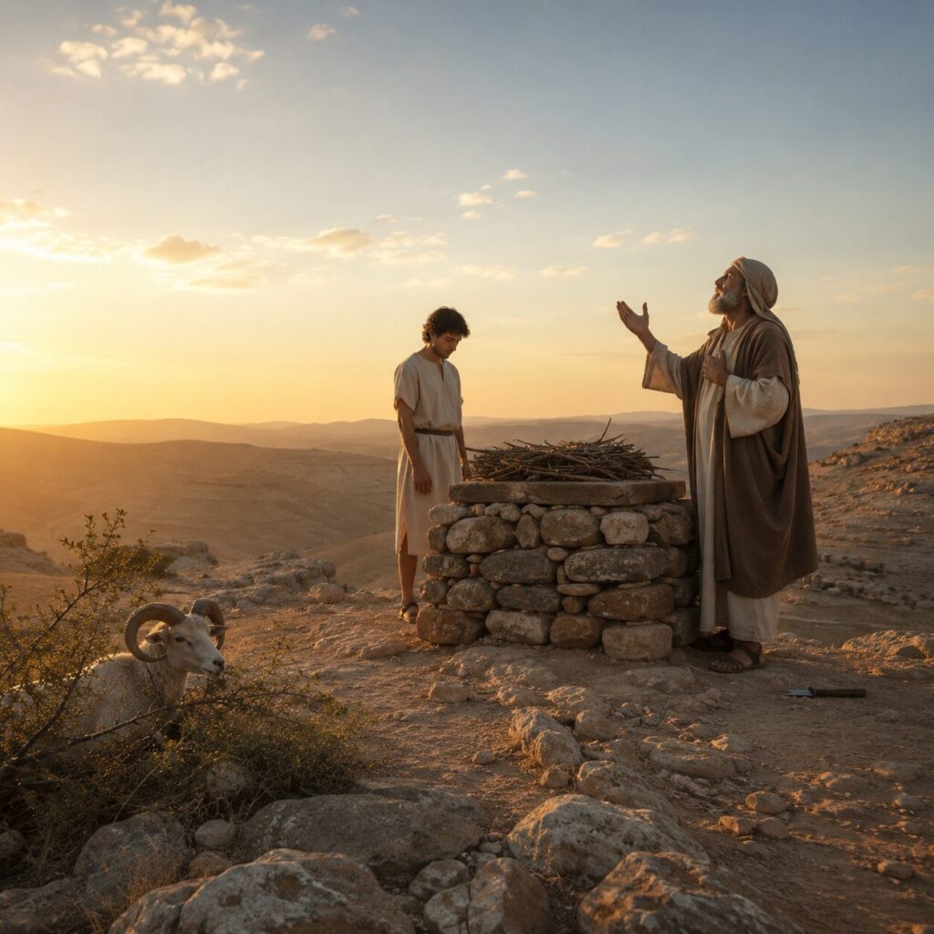 Abraão e Isaque no monte Moriá Cena no monte Moriá ao nascer do dia, com Abraão em vestes hebraicas simples de linho e manto, rosto sereno porém marcado por emoção, erguendo uma faca já contida ao lado de um altar de pedras com lenha sobre ele, enquanto Isaque, jovem, com túnica curta e expressão de confiança, está junto ao altar em atitude de submissão; ao fundo, dois servos e um jumento permanecem à distância na trilha, com o cenário árido de colinas rochosas, céu claro e um carneiro preso pelos chifres em um arbusto próximo, simbolizando a provisão divina; a composição deve transmitir reverência, tensão e esperança, com luz suave destacando o altar e a paisagem desértica bíblica.
