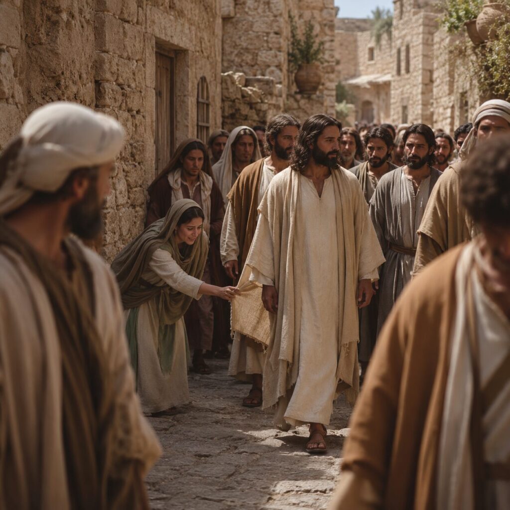Jesus entre a multidão em uma rua de cidade judaica Uma multidão apertada caminha por uma rua de cidade judaica do primeiro século, com casas de pedra, portas baixas e roupas típicas da época. No centro da cena, Jesus veste uma túnica simples e um manto, cercado por discípulos atentos. Atrás dele, uma mulher em vestes modestas, com o rosto comovido e expressão de esperança e reverência, se inclina discretamente para tocar a orla do manto de Jesus. A luz do dia destaca o momento de fé e expectativa, enquanto a multidão ao redor permanece em movimento, sem perceber a delicadeza do encontro. A composição transmite cura, dignidade e restauração espiritual.