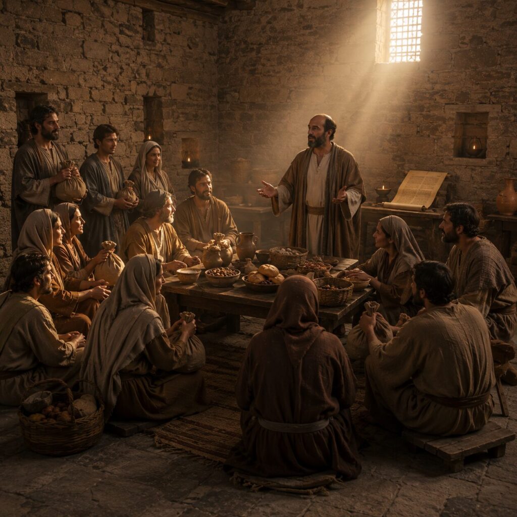 Uma cena bíblica em uma sala simples de reuniões da igreja primitiva, com paredes de pedra e luz suave entrando por uma janela alta. Um grupo de cristãos vestidos com túnicas modestas e mantos de tons terrosos está reunido ao redor de uma mesa de madeira. Alguns seguram pequenas bolsas e outros estendem as mãos para repartir pão e recursos com expressão de humildade e alegria. Ao centro, Paulo aparece de pé, com semblante sereno, ensinando com as mãos abertas. Ao fundo, um rolo de pergaminho e cestas com alimentos simbolizam a oferta para os irmãos necessitados. A atmosfera transmite unidade, compaixão e entrega a Deus.