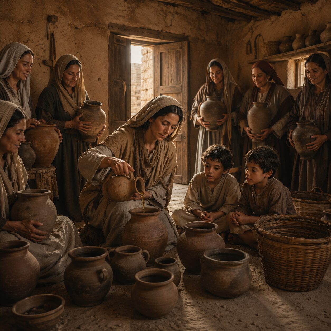 A viúva e o milagre do azeite Uma casa simples em Israel antigo, com paredes de barro e porta de madeira, mostra uma viúva vestida com túnica modesta e véu, cercada por dois filhos e vários vasos vazios trazidos por vizinhas. Em ambiente de luz suave, ela derrama azeite de uma pequena botija em uma série de jarros de barro, enquanto os filhos observam com expressão de esperança e surpresa. A cena transmite confiança e milagre silencioso, com elementos do cotidiano hebraico, como recipientes de cerâmica, chão de terra batida e utensílios domésticos simples.