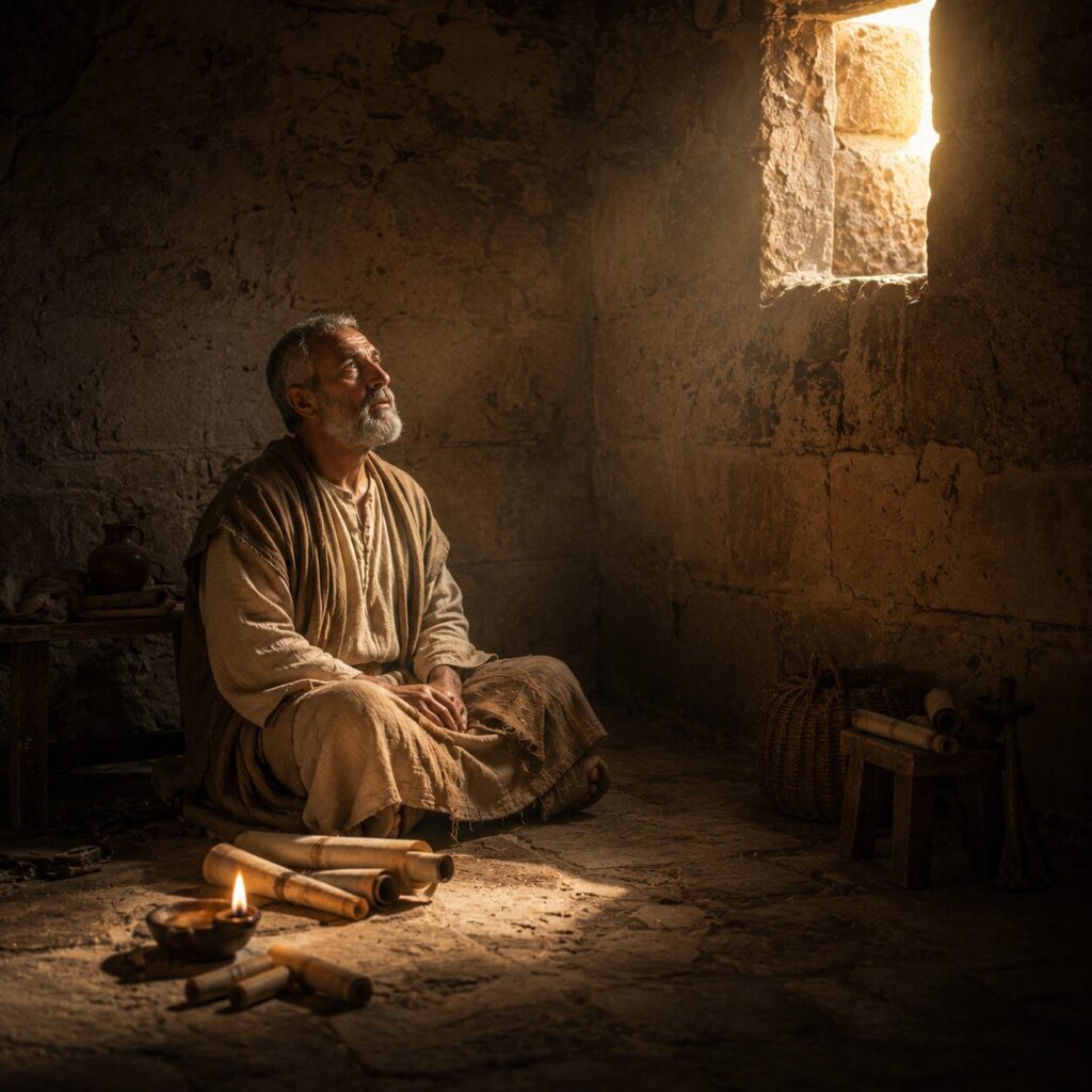 Paulo em oração na prisão Uma cena bíblica em uma prisão ou quarto simples do primeiro século, com o apóstolo Paulo sentado de forma humilde sobre um banco de madeira ou no chão de pedras, vestindo túnica simples em tons terrosos, olhando para cima em oração com expressão serena e cansada. Ao redor há rolos de pergaminho, uma lamparina de óleo acesa e sombras suaves nas paredes de pedra, transmitindo recolhimento. A luz dourada entra por uma pequena abertura no alto e ilumina o rosto de Paulo, simbolizando a presença de Deus sustentando sua fraqueza. O ambiente é sóbrio, silencioso e cheio de reverência.