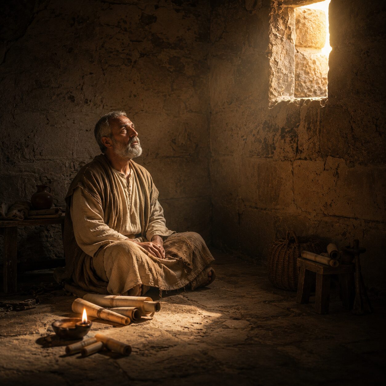 Paulo em oração na prisão Uma cena bíblica em uma prisão ou quarto simples do primeiro século, com o apóstolo Paulo sentado de forma humilde sobre um banco de madeira ou no chão de pedras, vestindo túnica simples em tons terrosos, olhando para cima em oração com expressão serena e cansada. Ao redor há rolos de pergaminho, uma lamparina de óleo acesa e sombras suaves nas paredes de pedra, transmitindo recolhimento. A luz dourada entra por uma pequena abertura no alto e ilumina o rosto de Paulo, simbolizando a presença de Deus sustentando sua fraqueza. O ambiente é sóbrio, silencioso e cheio de reverência.
