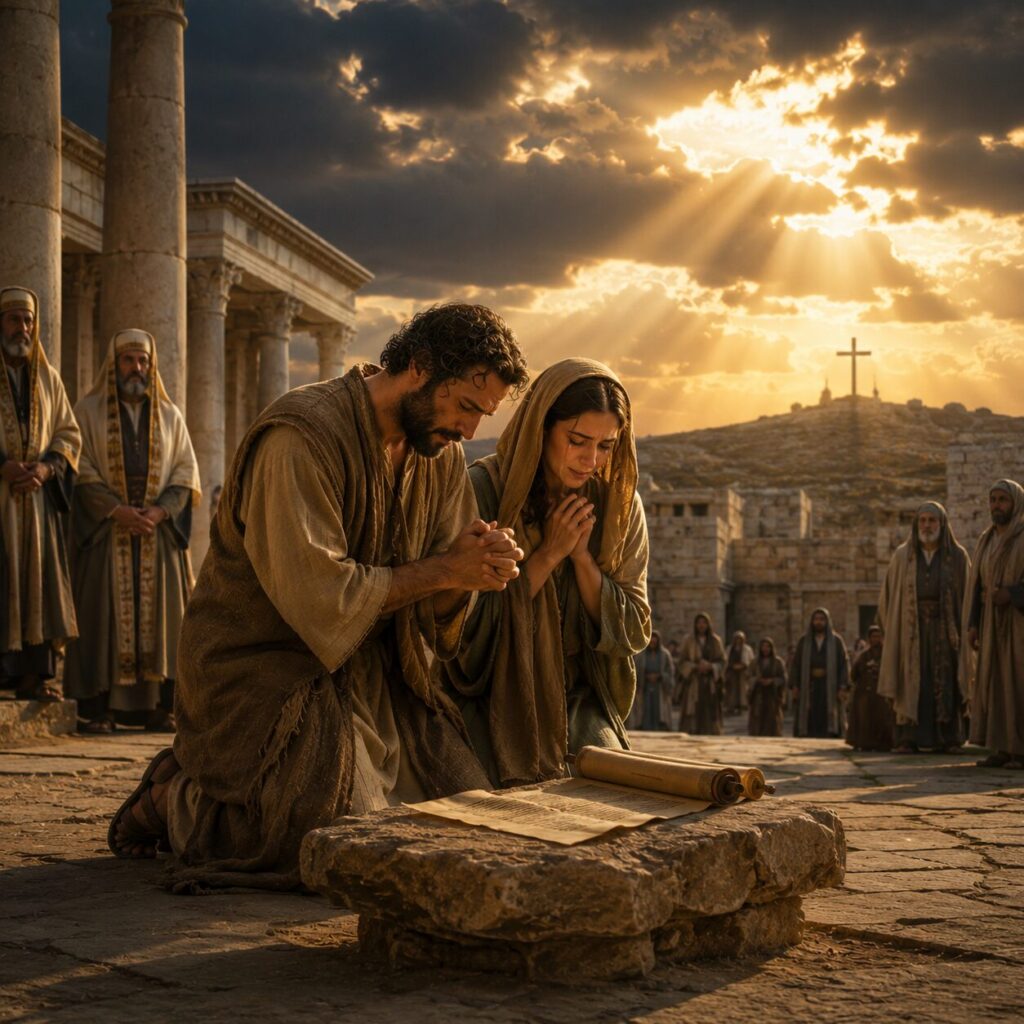 Cena em Jerusalém no período do Segundo Templo, com um fundo que mistura o pátio do templo e uma colina ao longe lembrando o Calvário. Em primeiro plano, um homem judeu e uma mulher gentia, ambos com túnicas simples e mantos de cores terrosas, estão de joelhos em atitude de arrependimento e confiança, com expressões humildes e emocionadas. Ao lado deles, um rolo da lei e escritos dos profetas repousam sobre uma pedra, parcialmente iluminados pela luz suave do entardecer, simbolizando o testemunho das Escrituras. Ao fundo, vê-se uma cruz de madeira em silhueta e uma atmosfera reverente, com sacerdotes e peregrinos distantes, vestindo roupas tradicionais, contemplando a cena em silêncio. A composição transmite graça, justiça e redenção, com céu dramático e luz dourada destacando a centralidade de Cristo.