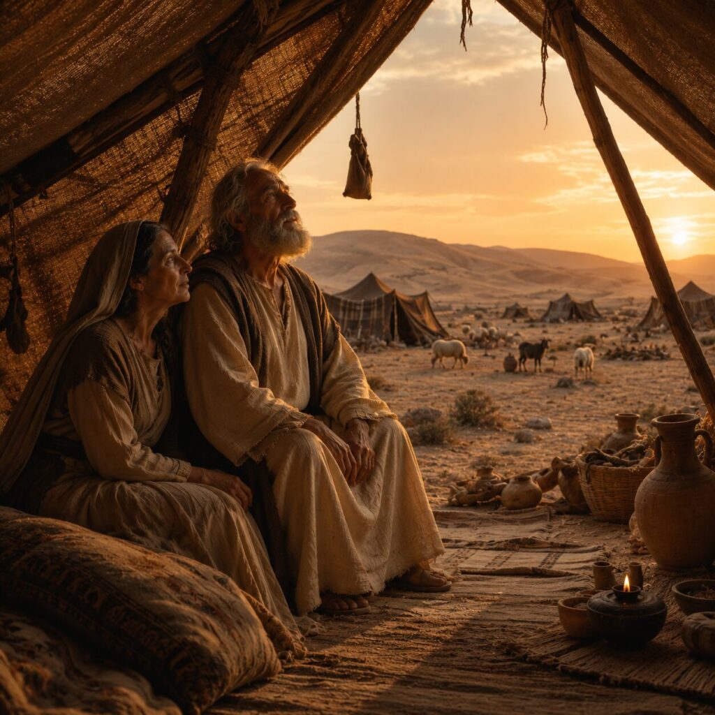 Abraão e Sara no deserto ao entardecer Abraão aparece em uma tenda no deserto, como um patriarca idoso de vestes longas de linho cru e manto simples, com barba grisalha e expressão serena de confiança, olhando para o céu ao entardecer. Perto dele, Sara está em roupas modestas da época, em tom natural, observando com esperança. Ao fundo, vê-se o acampamento hebreu com tendas de tecido, vasos de barro, animais pastando e colinas áridas sob luz dourada, transmitindo a atmosfera de promessa, espera e fé no Deus que cumpre o impossível.