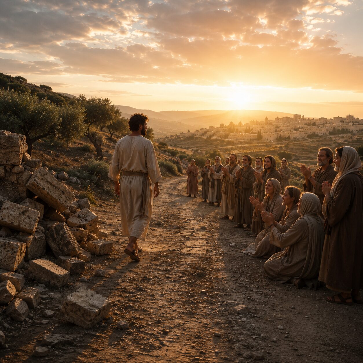 Liberdade e esperança ao amanhecer Uma cena em um caminho de terra ao amanhecer mostra um homem vestindo túnica simples e sandálias, com expressão serena e determinada, saindo de uma estrutura antiga de pedras que representa um jugo quebrado ao chão. À frente dele, há uma paisagem aberta com luz dourada entrando entre nuvens, simbolizando liberdade e esperança. Ao lado do caminho, aparece uma pequena comunidade reunida em atitude de oração e acolhimento, usando roupas bíblicas em tons neutros, com rostos tranquilos e reverentes. Ao fundo, colinas suaves, oliveiras e uma cidade antiga ao longe compõem o cenário, transmitindo a ideia de graça, firmeza espiritual e vida em comunhão com Deus.