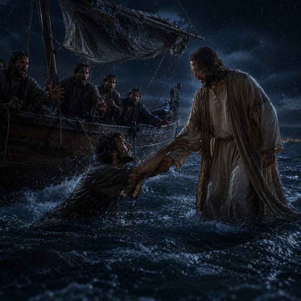 Jesus caminha sobre as águas e socorre Pedro na tempestade Na escuridão da madrugada, o mar da Galileia está revolto, com ondas fortes e vento intenso. Jesus Cristo caminha sobre as águas em direção a um pequeno barco de madeira onde os discípulos estão apavorados. Pedro se inclina para fora da embarcação, com uma mão estendida em desespero, enquanto Jesus o segura pelo braço. O barco balança sob a tempestade, com velas encharcadas e madeira antiga, enquanto o céu nublado mantém a cena envolta em pouca luz.