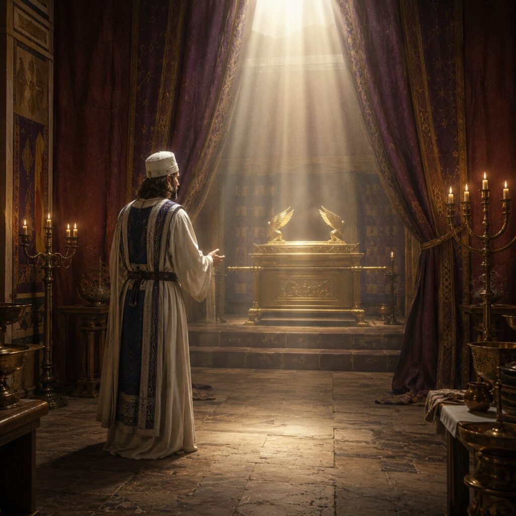 Jesus no Santo dos Santos Cena no Santo dos Santos do tabernáculo, com um sumo sacerdote representado por Jesus em vestes sacerdotais brancas e azuladas, porém sem ostentação, aproximando-se reverentemente diante do véu aberto e da arca da aliança iluminada por uma luz celestial suave. Ao redor, o interior é fiel ao período antigo, com tecidos ricos em púrpura, ouro e linho, candelabros e o ambiente sagrado em penumbra. Jesus aparece em postura serena e solene, com expressão de compaixão e autoridade, simbolizando o oferecimento do próprio sangue e a abertura do caminho para Deus. A atmosfera transmite santidade, paz e redenção, sem violência, em uma composição reverente e inspiradora.